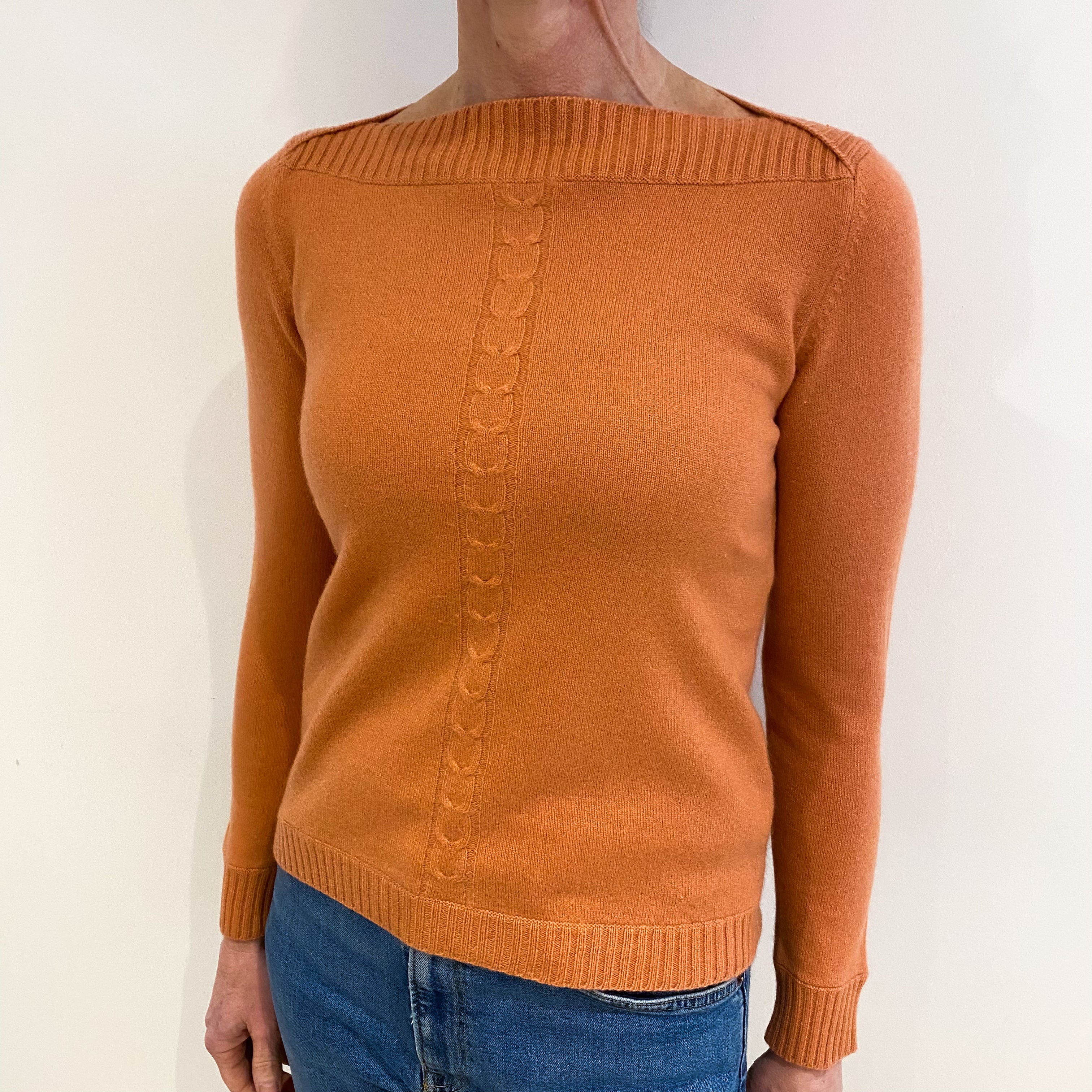 Terracotta Pink Cable Detail Cashmere Boat Neck Jumper Small