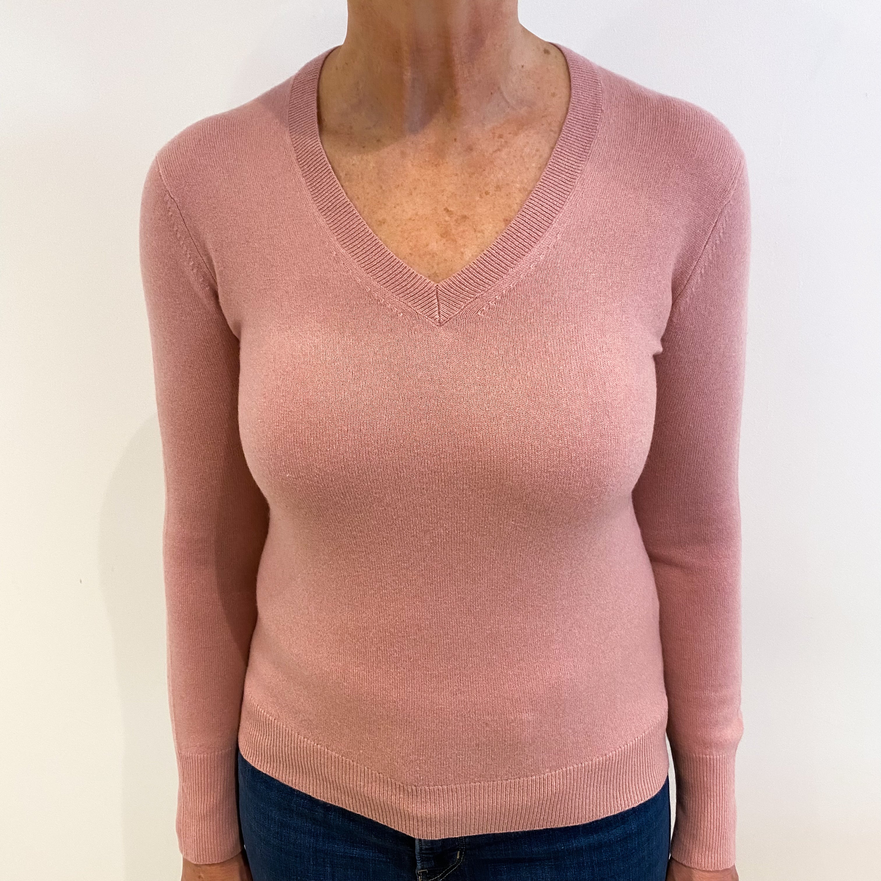 Faded Heather Pink Cashmere V Neck Jumper Medium