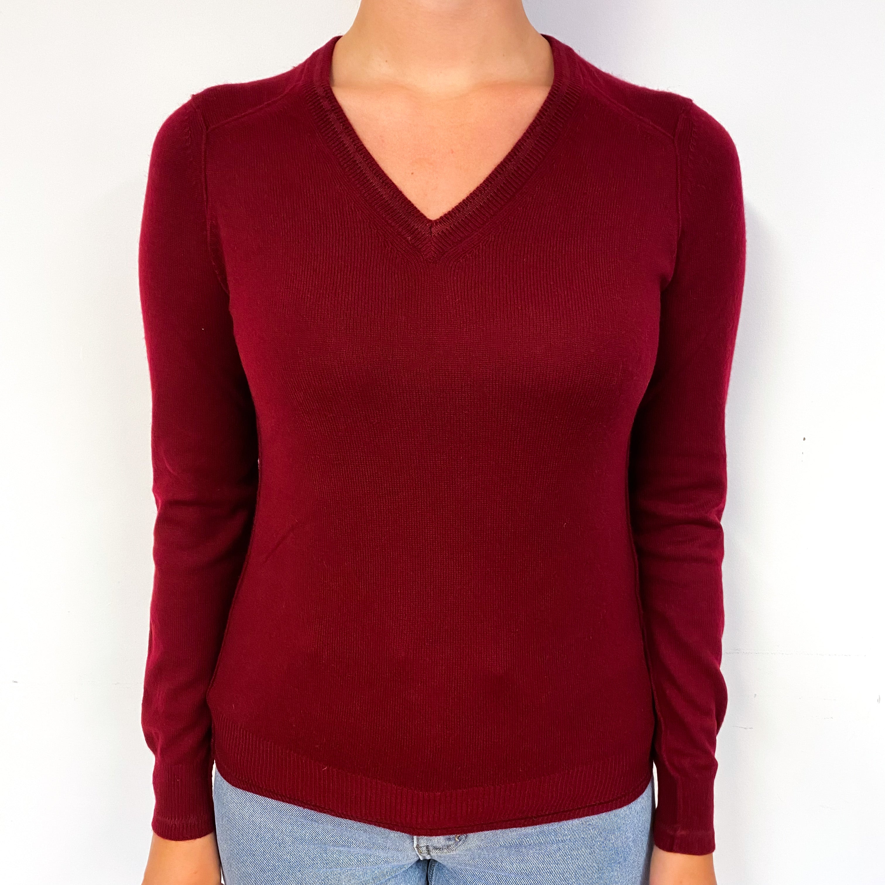 Burgundy Red Cashmere V-Neck Jumper Small