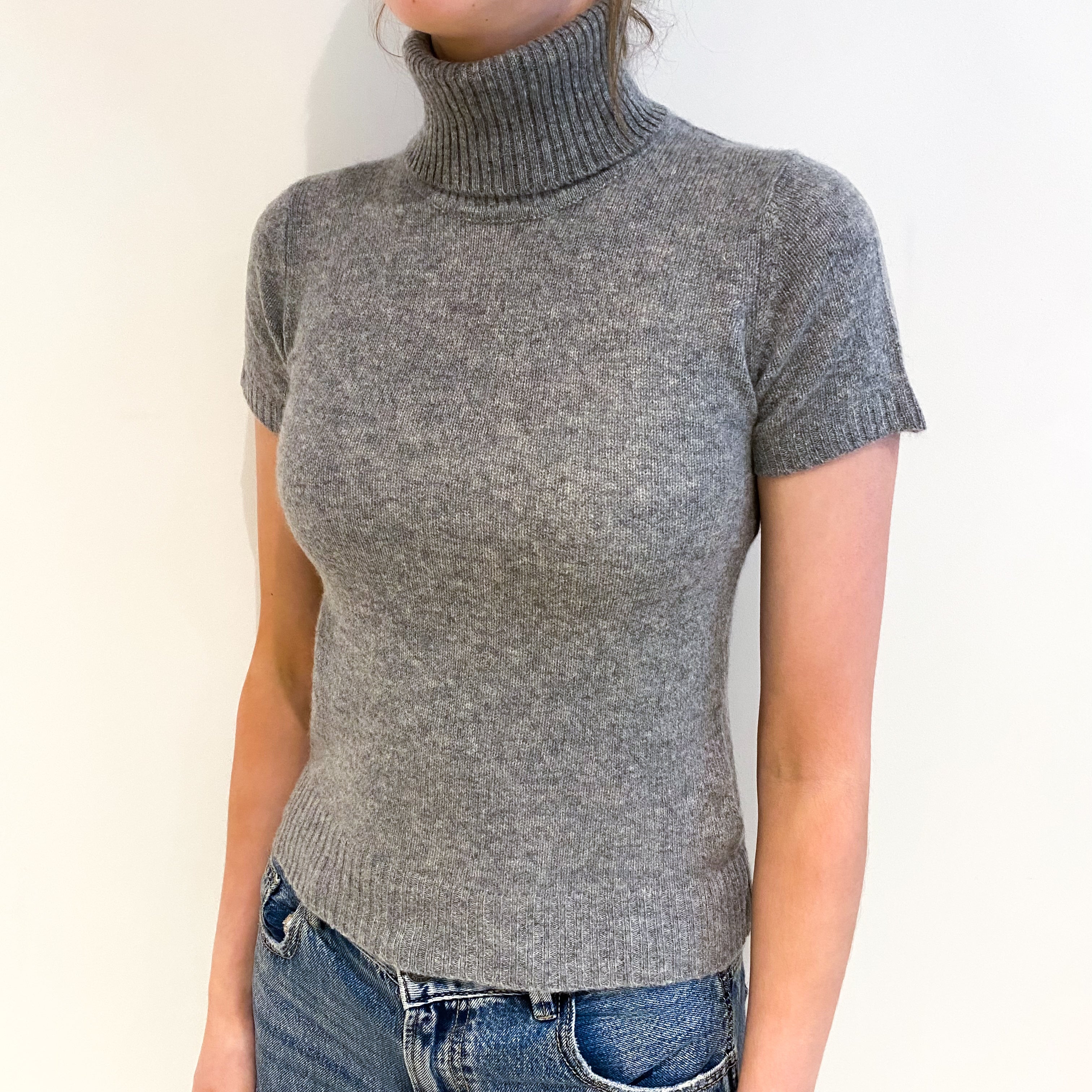 Smoke Grey Cashmere Polo Neck Short Sleeved Jumper Extra Small