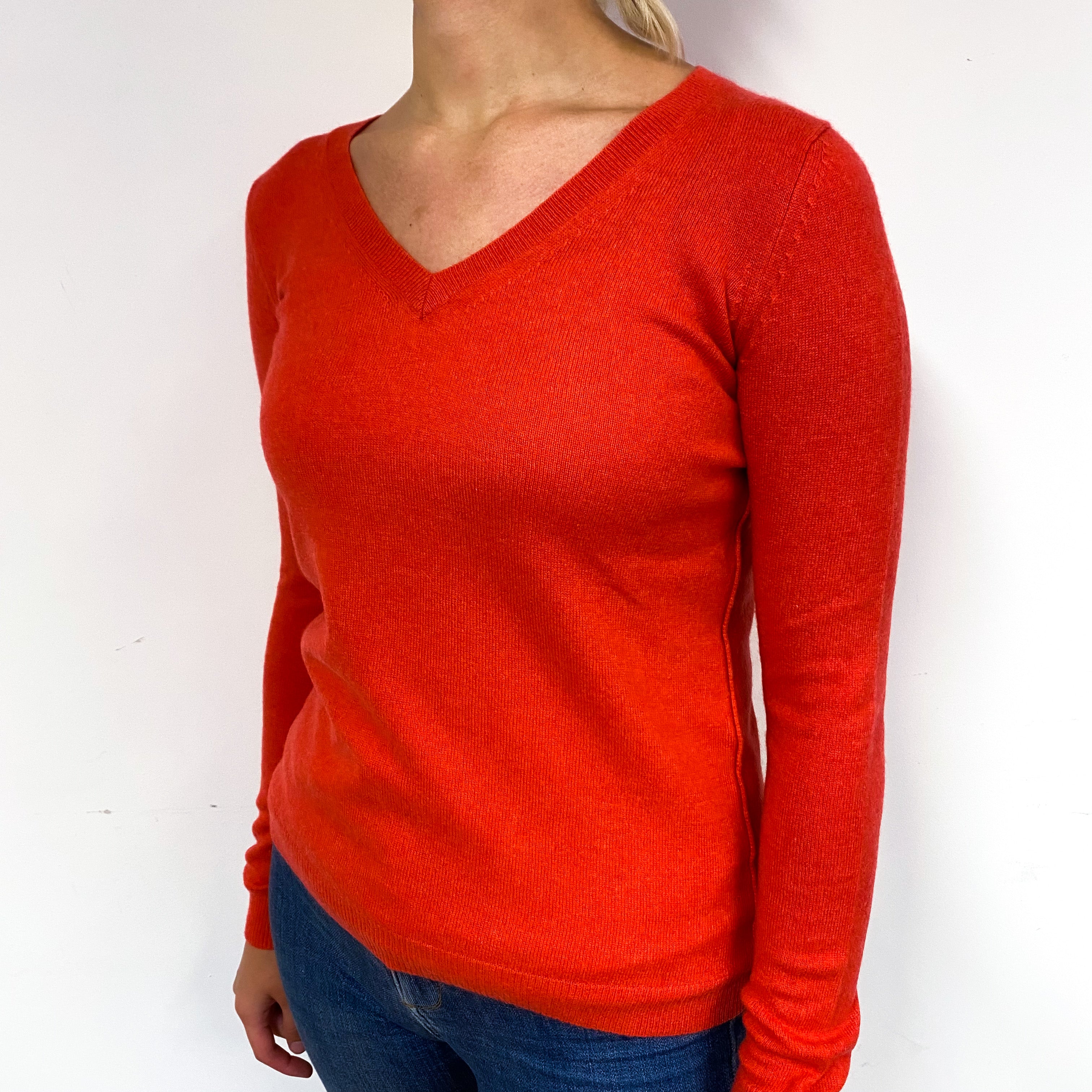 Deep Coral Orange Cashmere V-Neck Jumper Small