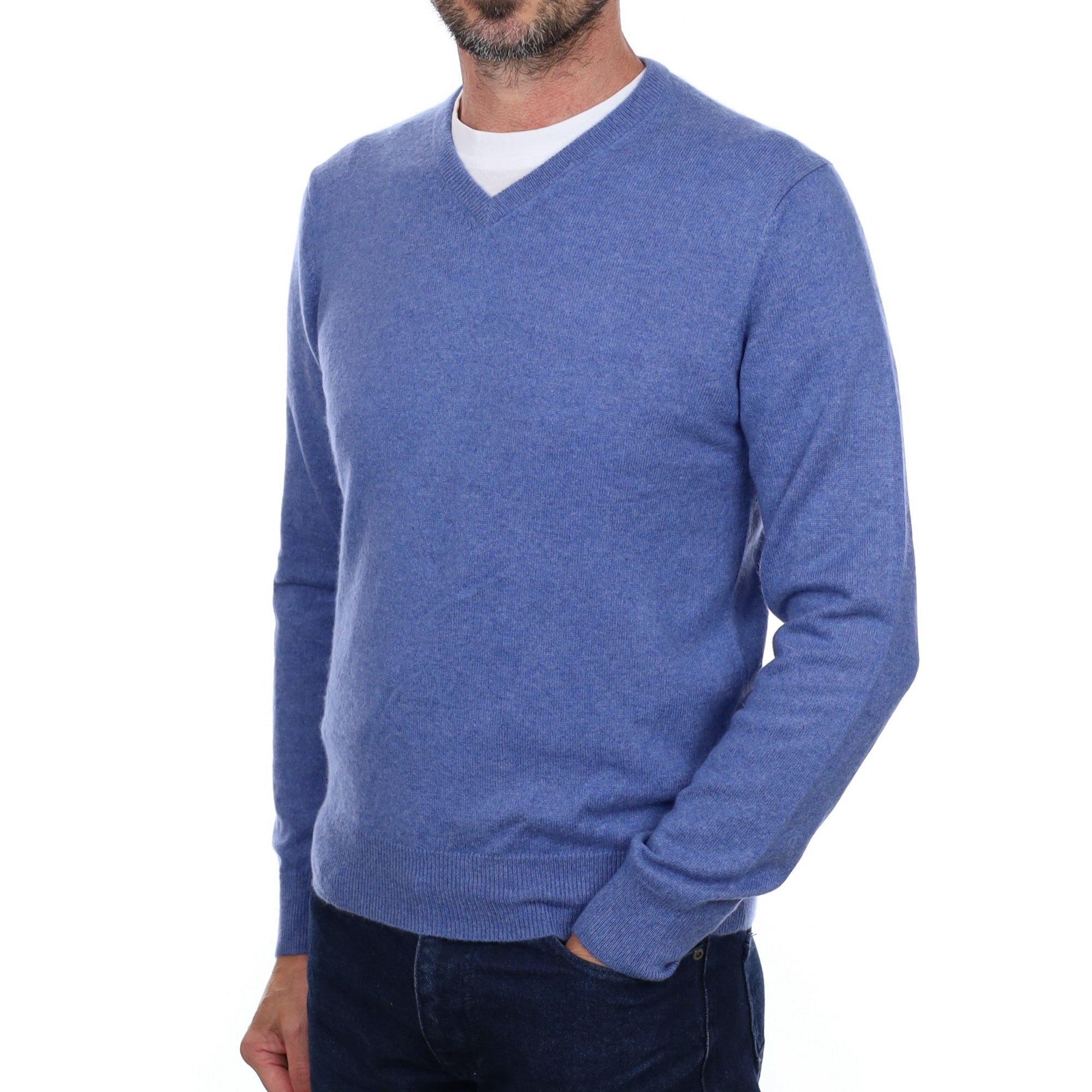 Men's Denim Blue Cashmere V Neck Jumper Small