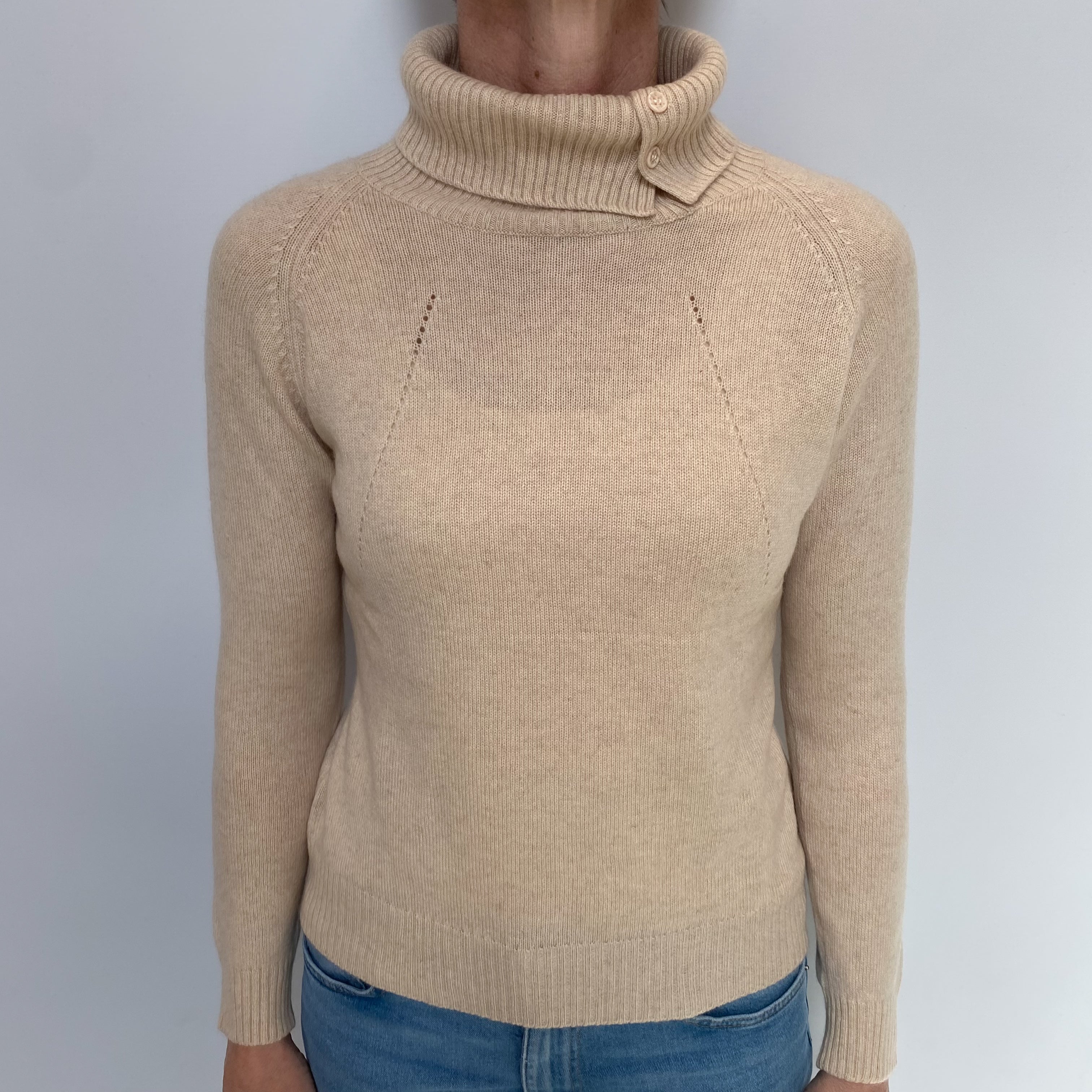 Biscuit Beige Cashmere Buttoned Polo Neck Jumper Small