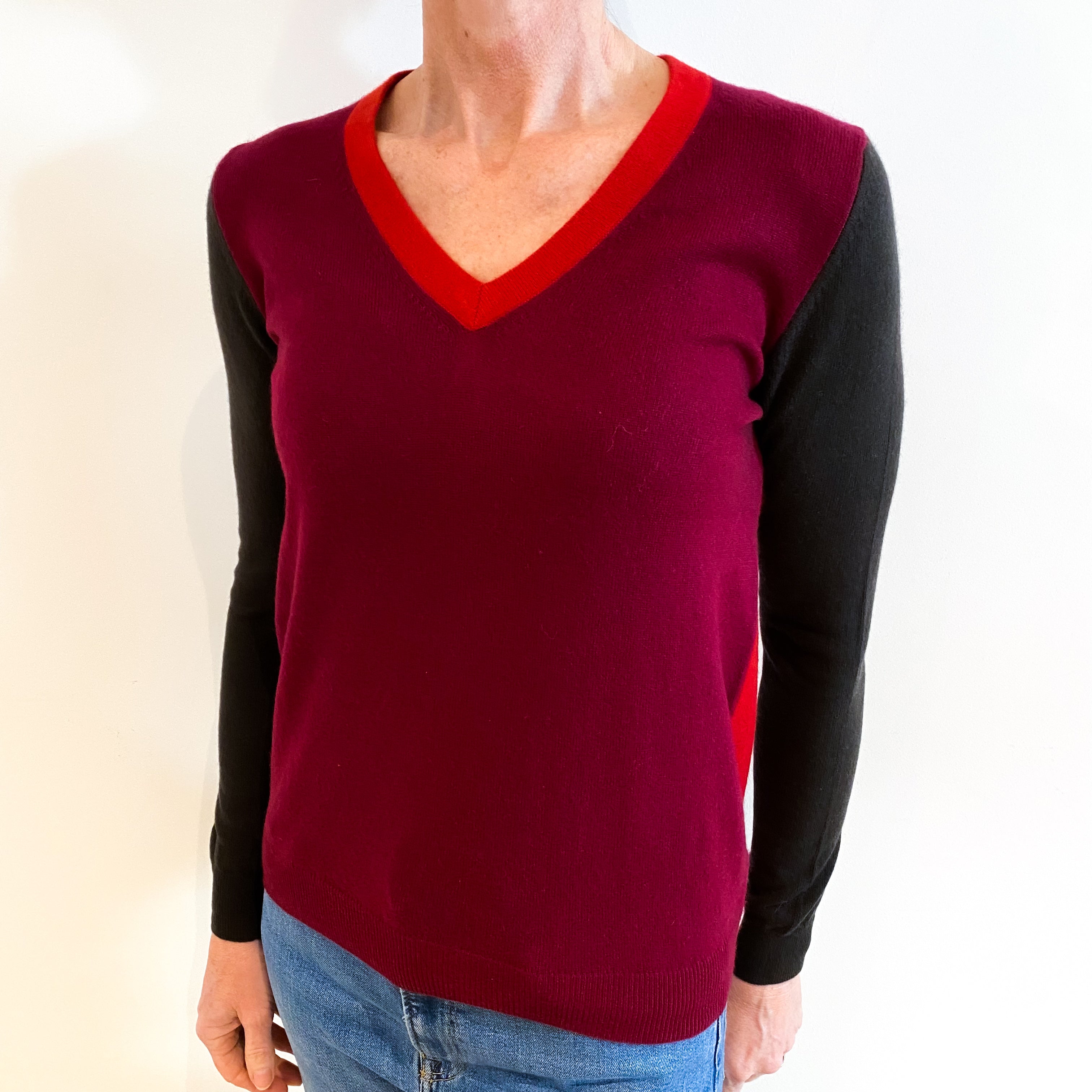 Burgundy Chocolate and Red Cashmere V Neck Jumper Small