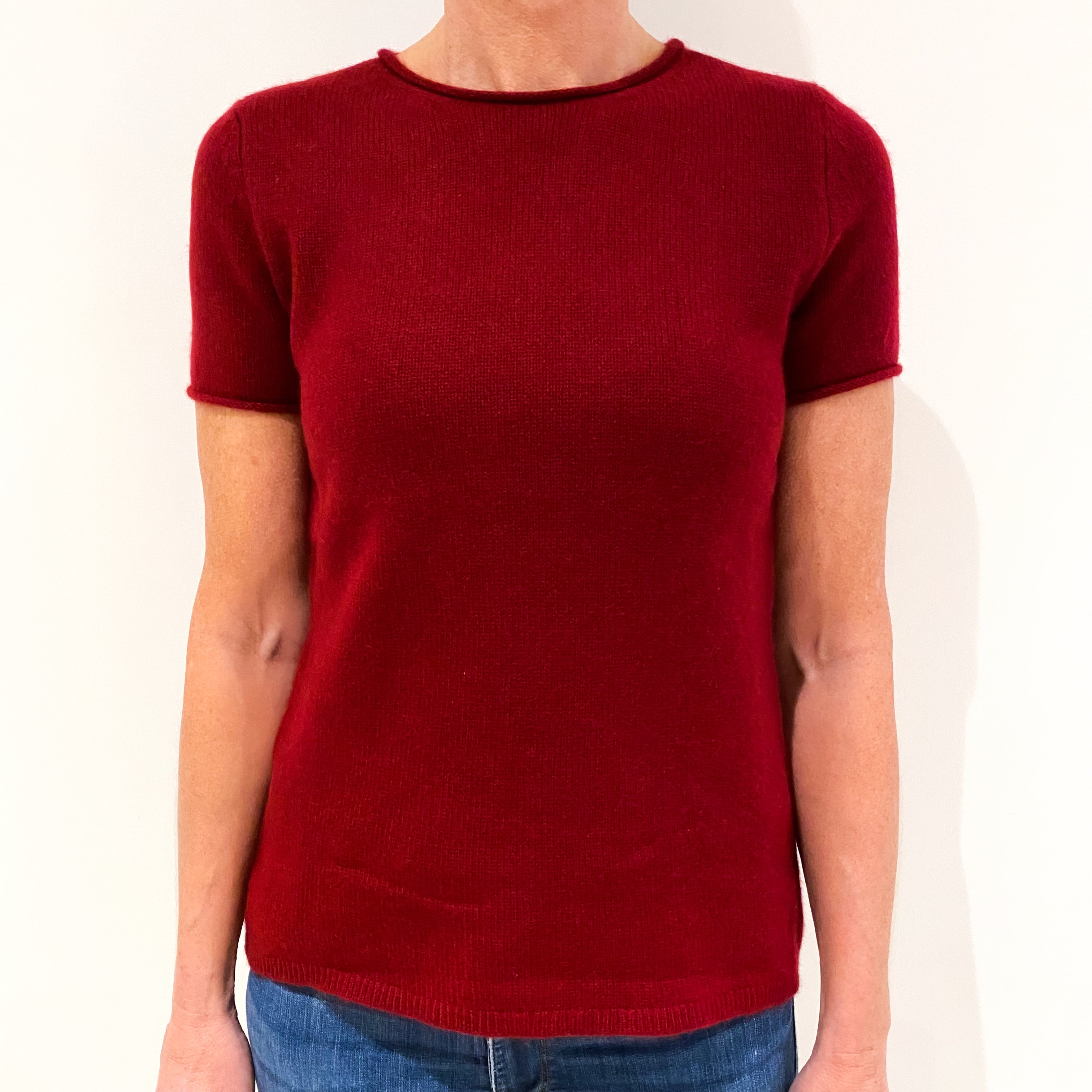 Wine Red Short Sleeved Cashmere Crew Neck Jumper Small