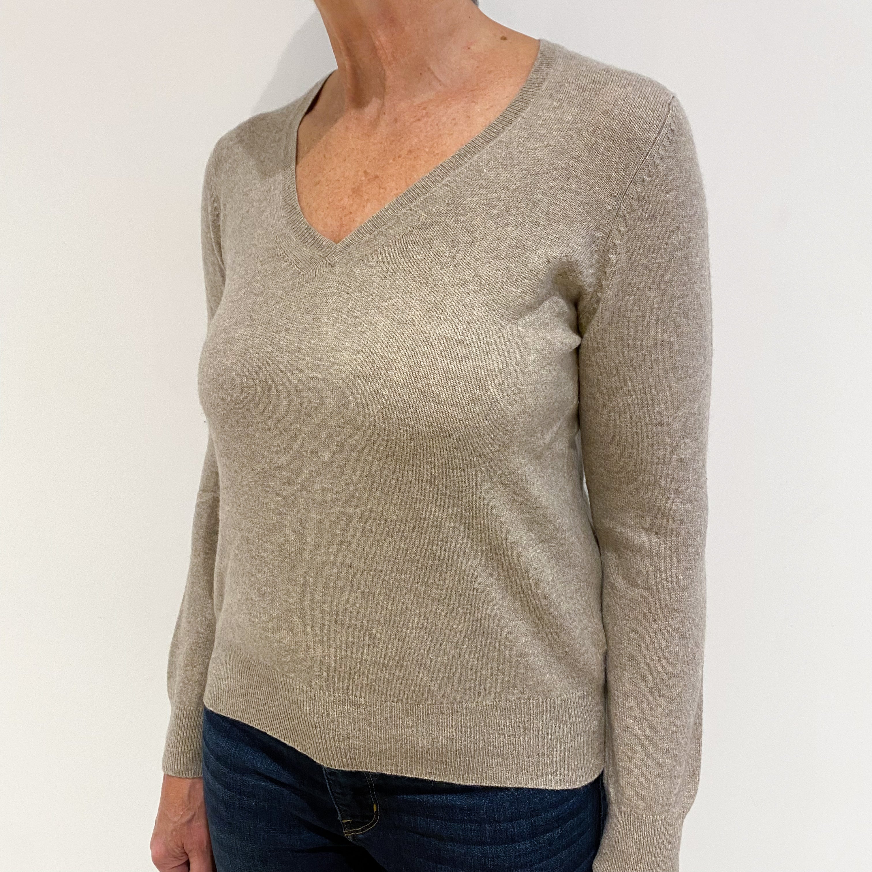 Taupe Brown Cashmere V-Neck Jumper Medium