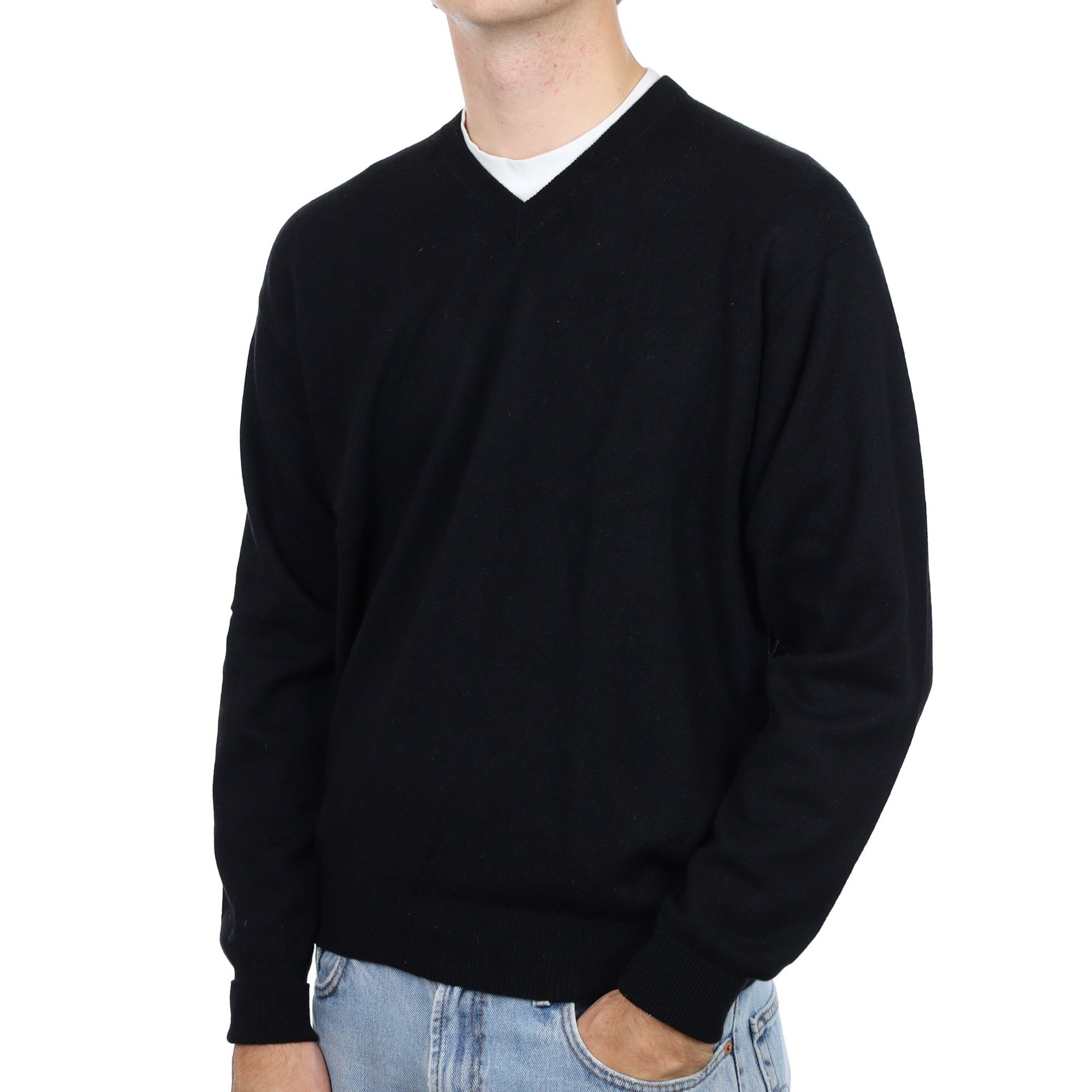 Men's Black Cashmere V Neck Jumper Large