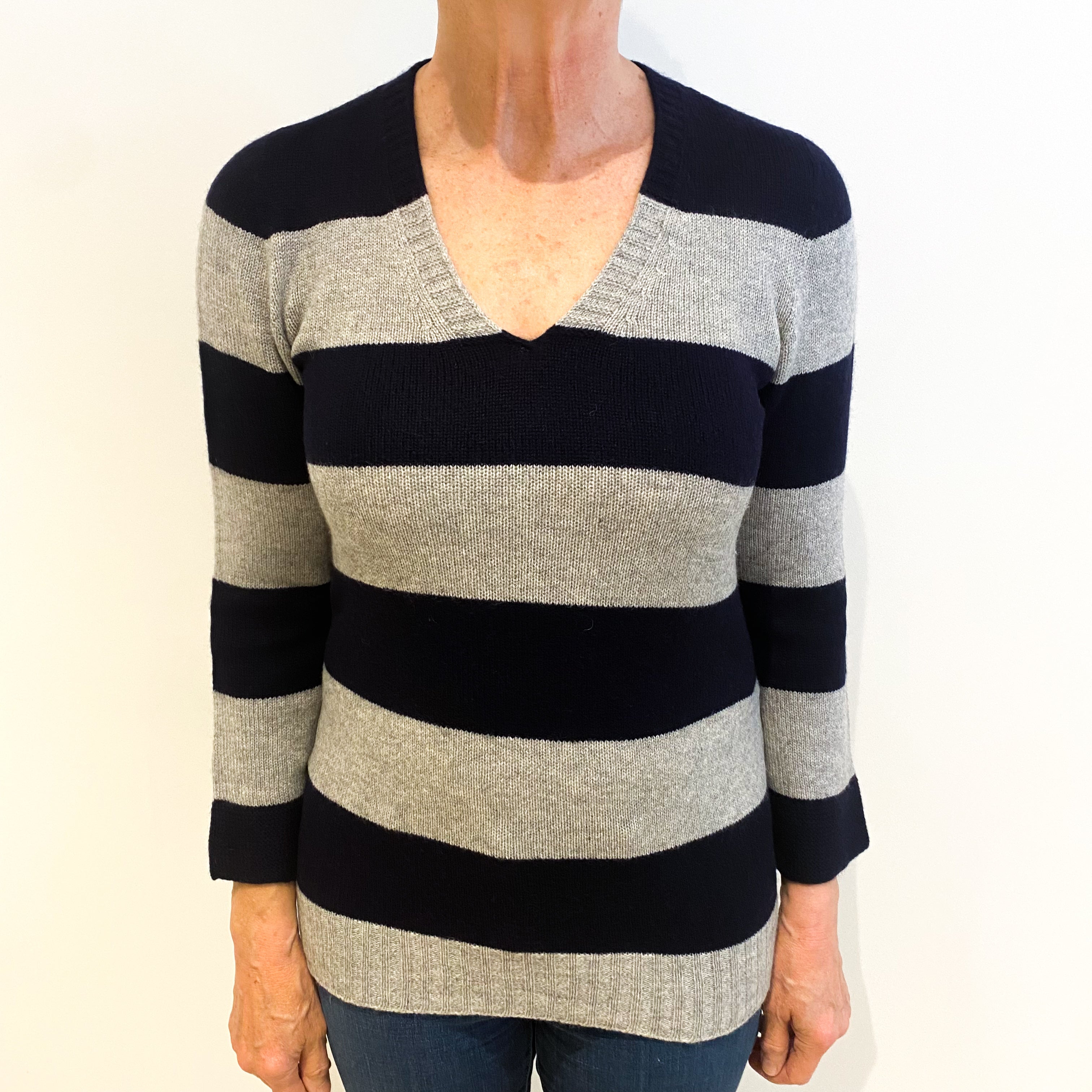 Navy And Grey Stripe Cashmere V Neck Jumper Medium