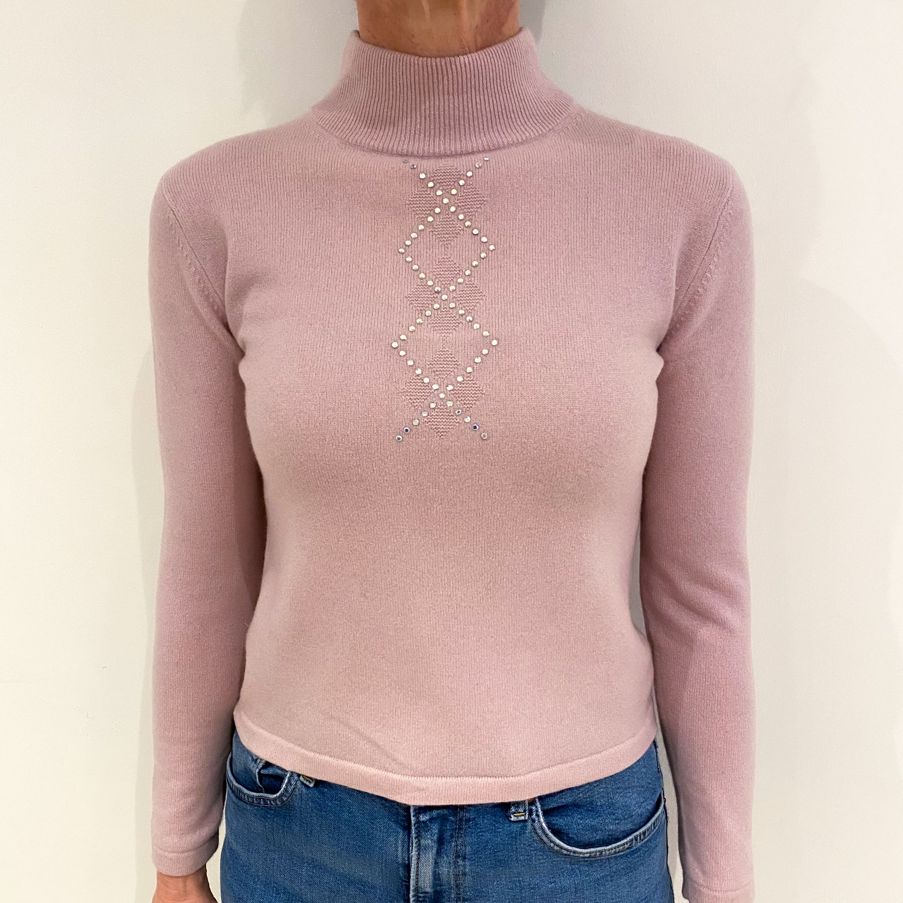 Mauve Pink Diamanté Cashmere Turtle Neck Jumper Small