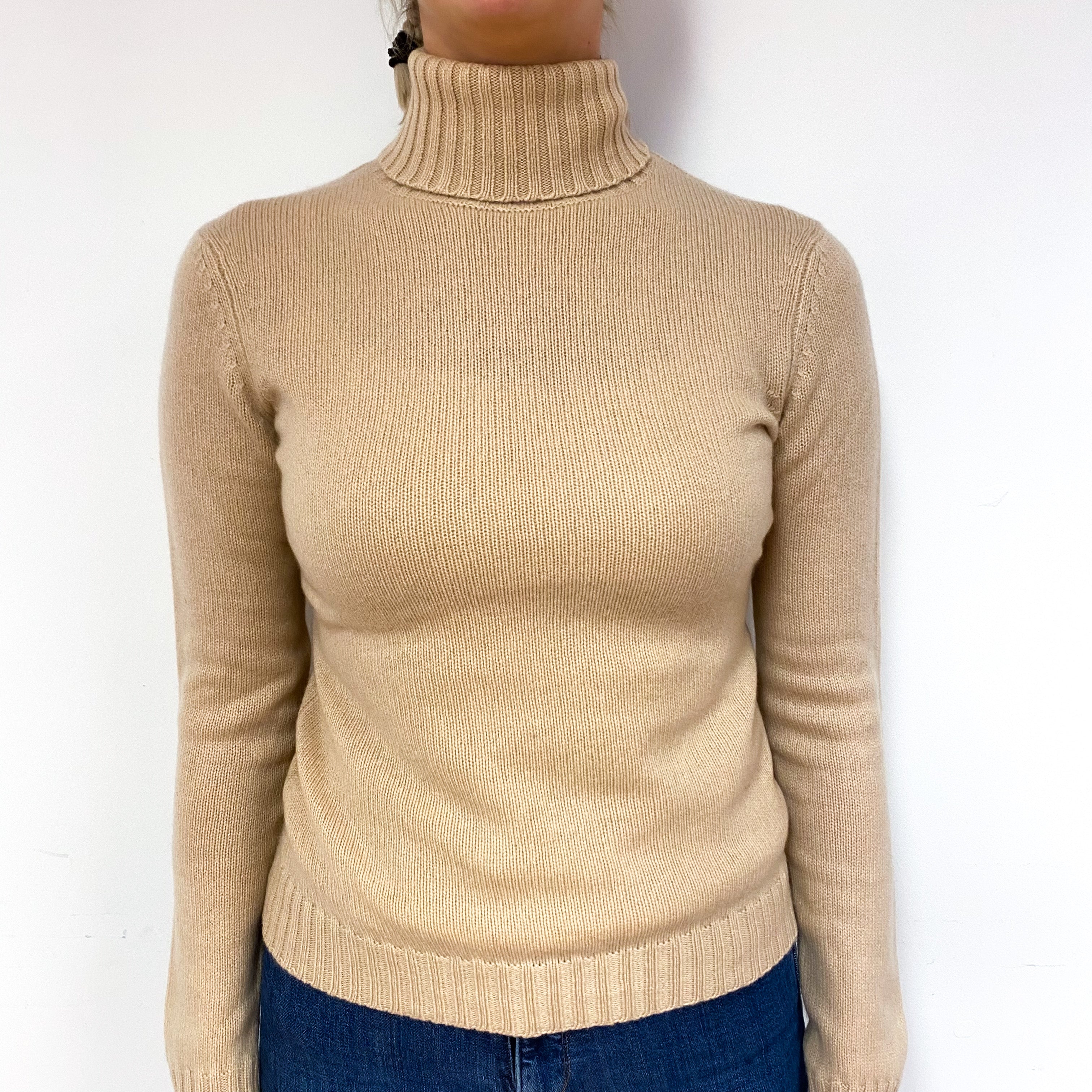 Caramel Brown Heavy Knit Cashmere Polo Neck Jumper Small