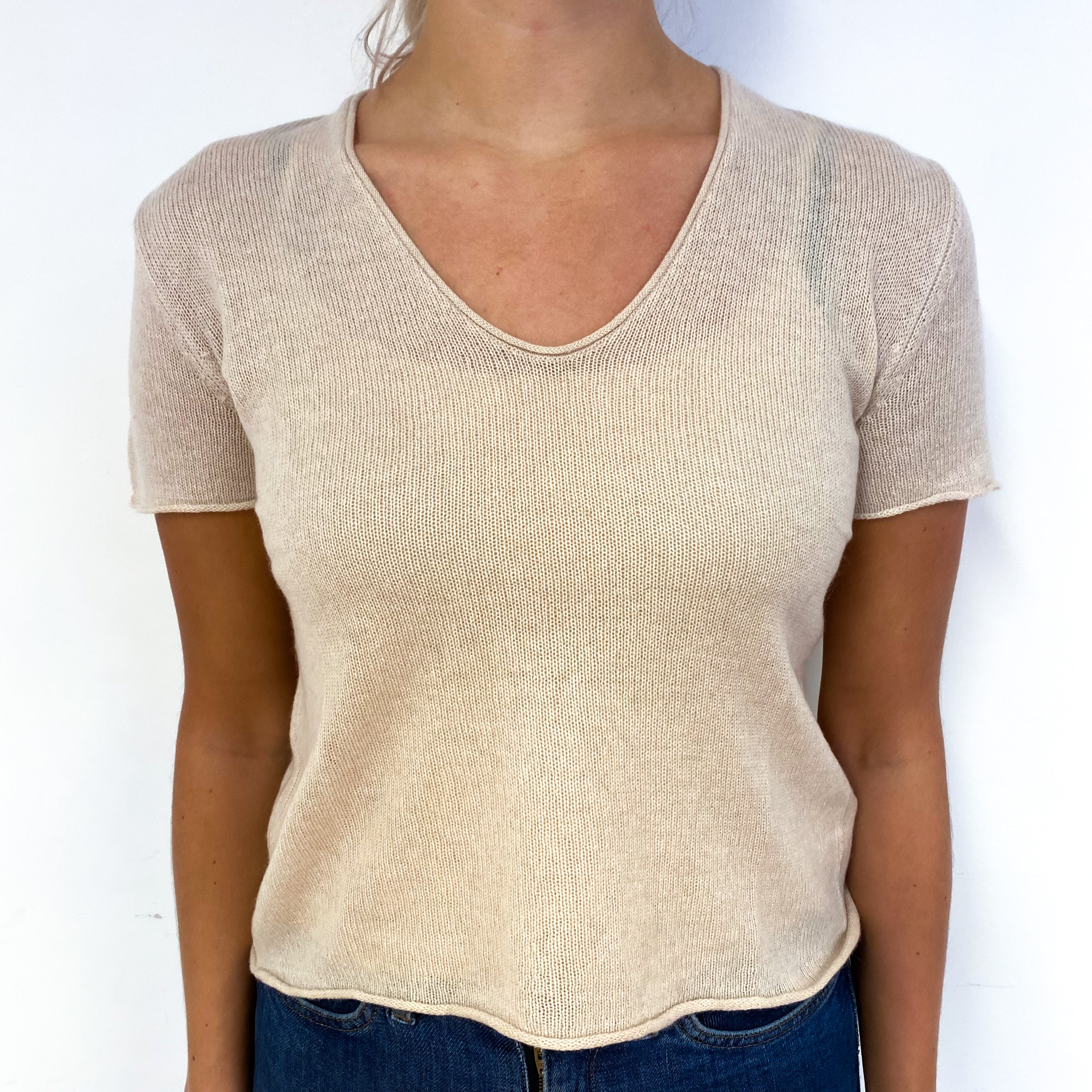 Soft Beige Lightweight Cashmere Short Sleeve Jumper Small