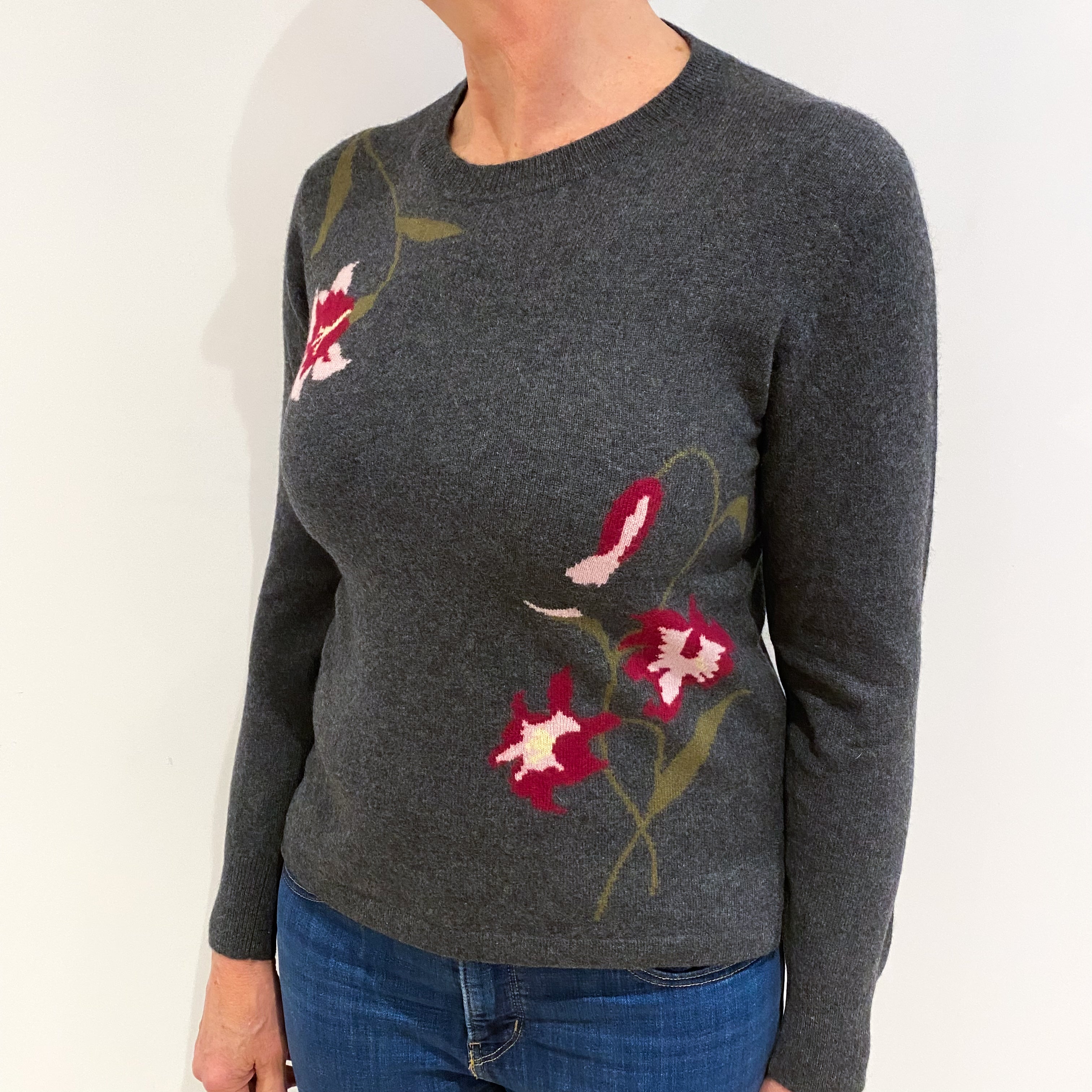 Slate Grey Floral Design Cashmere Crew Neck Jumper Medium