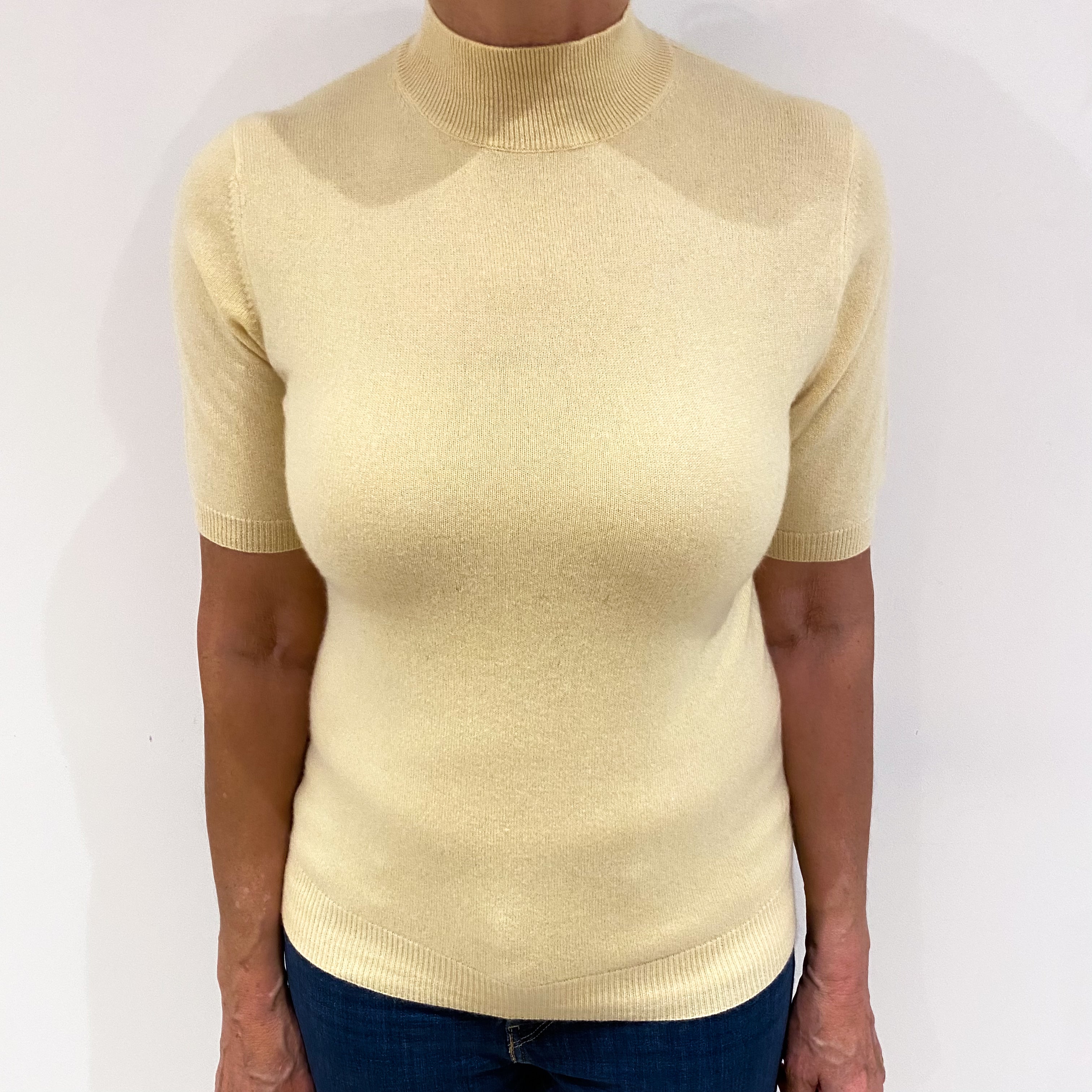 Custard Yellow Short Sleeved Cashmere Turtle Neck Jumper Medium