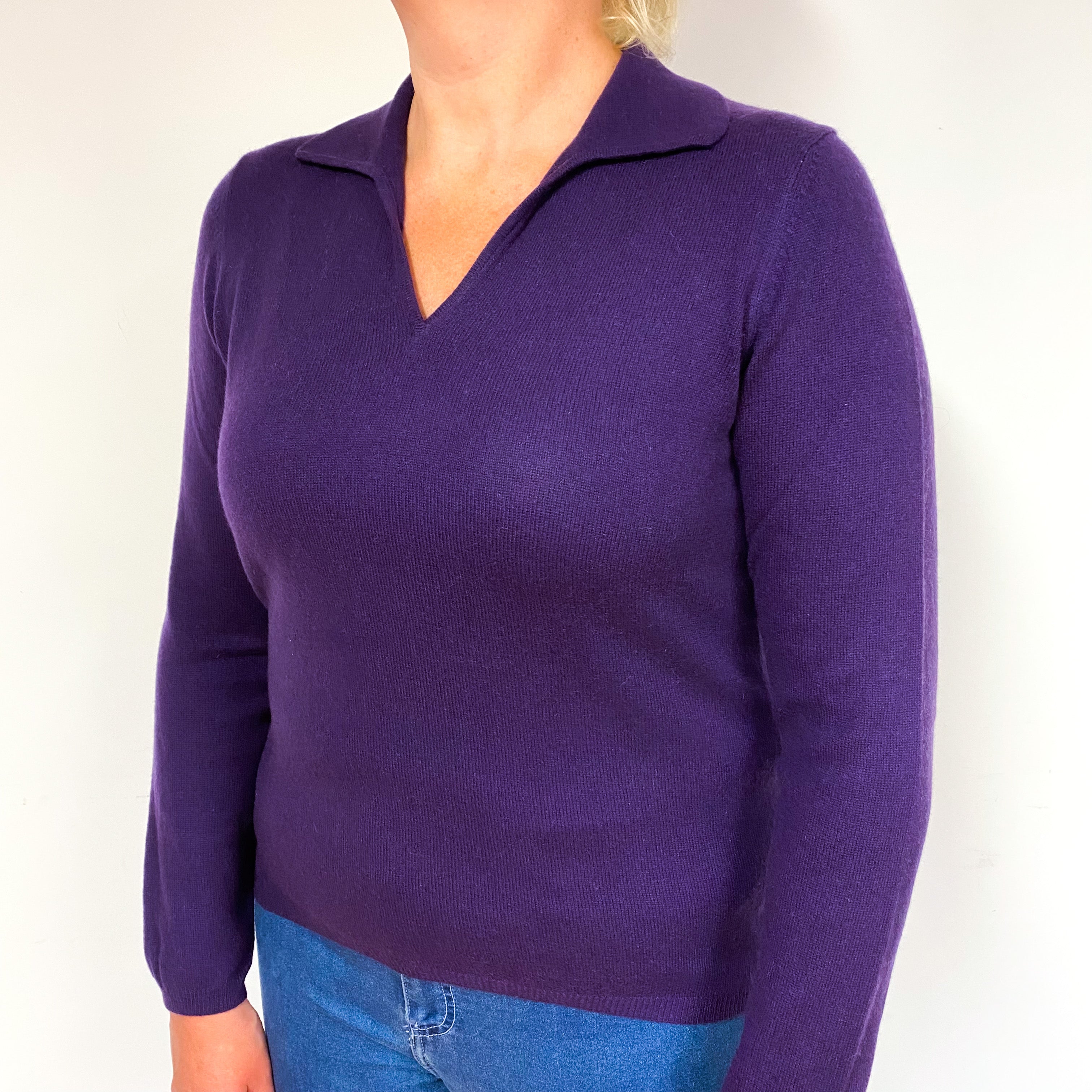 Iris Purple Cashmere Collared V-Neck Jumper Large