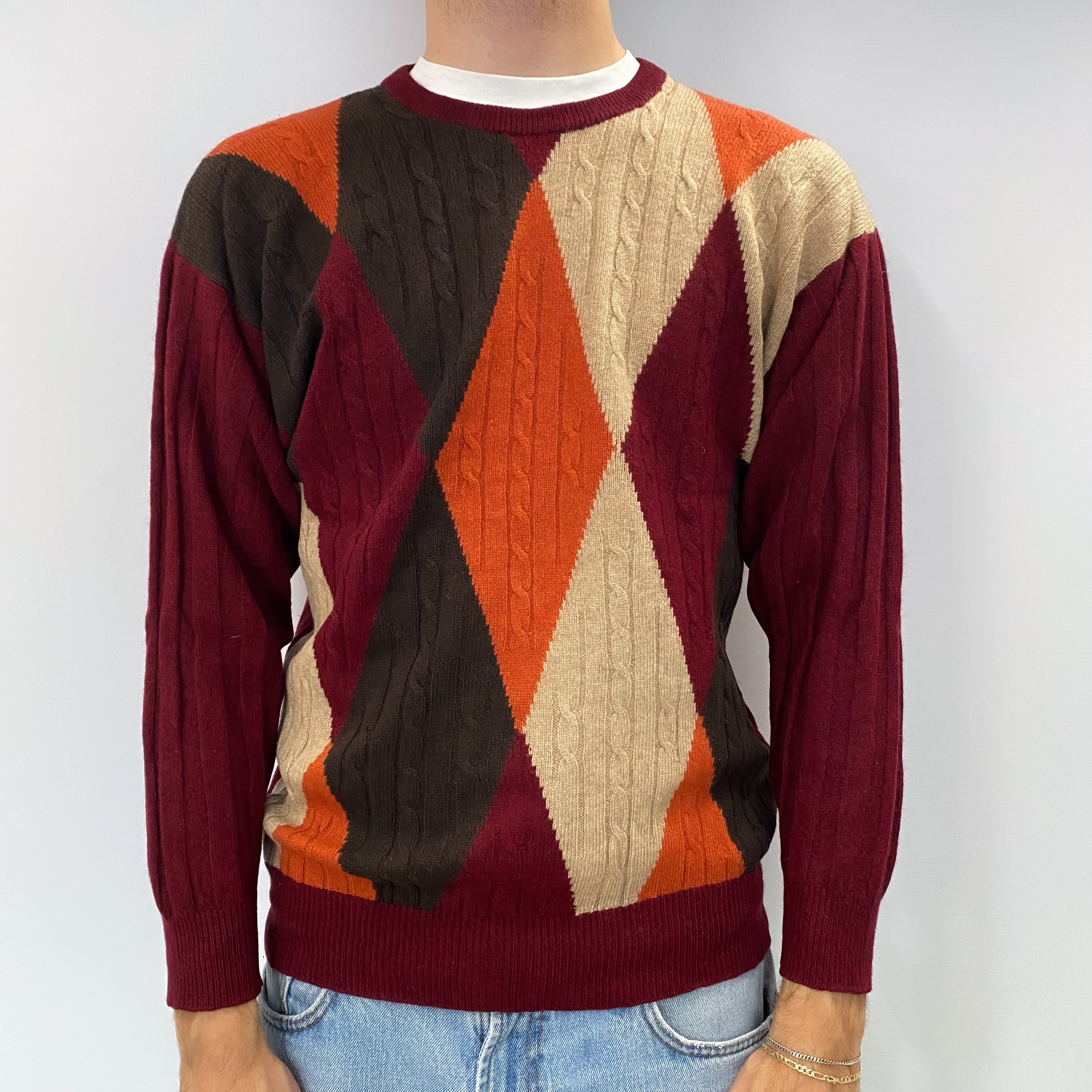 Men's Vintage Pringle Burgundy Diamonds Cashmere Crew Neck Cable Knit Jumper Medium