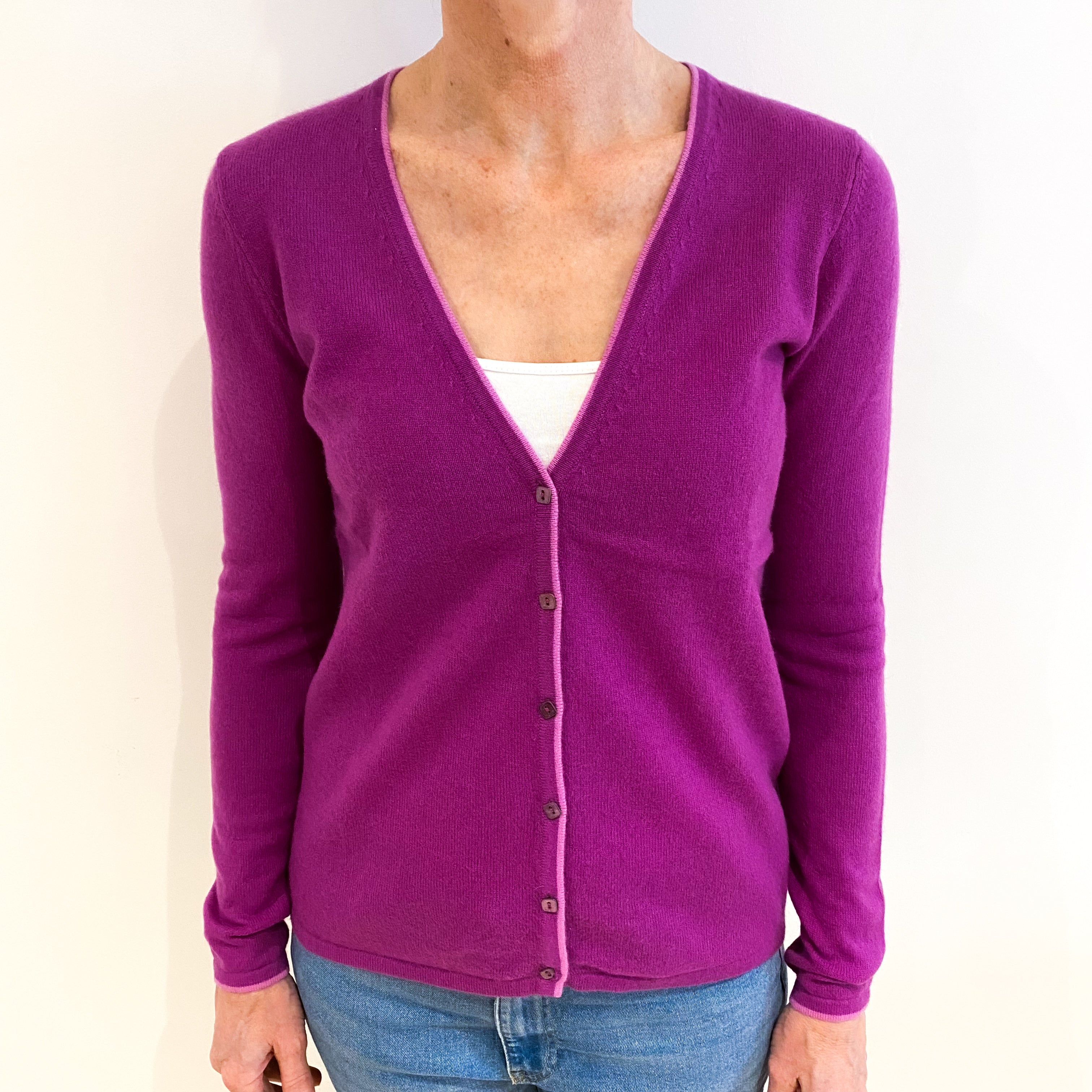 Magenta Purple Cashmere V Neck Cardigan Small