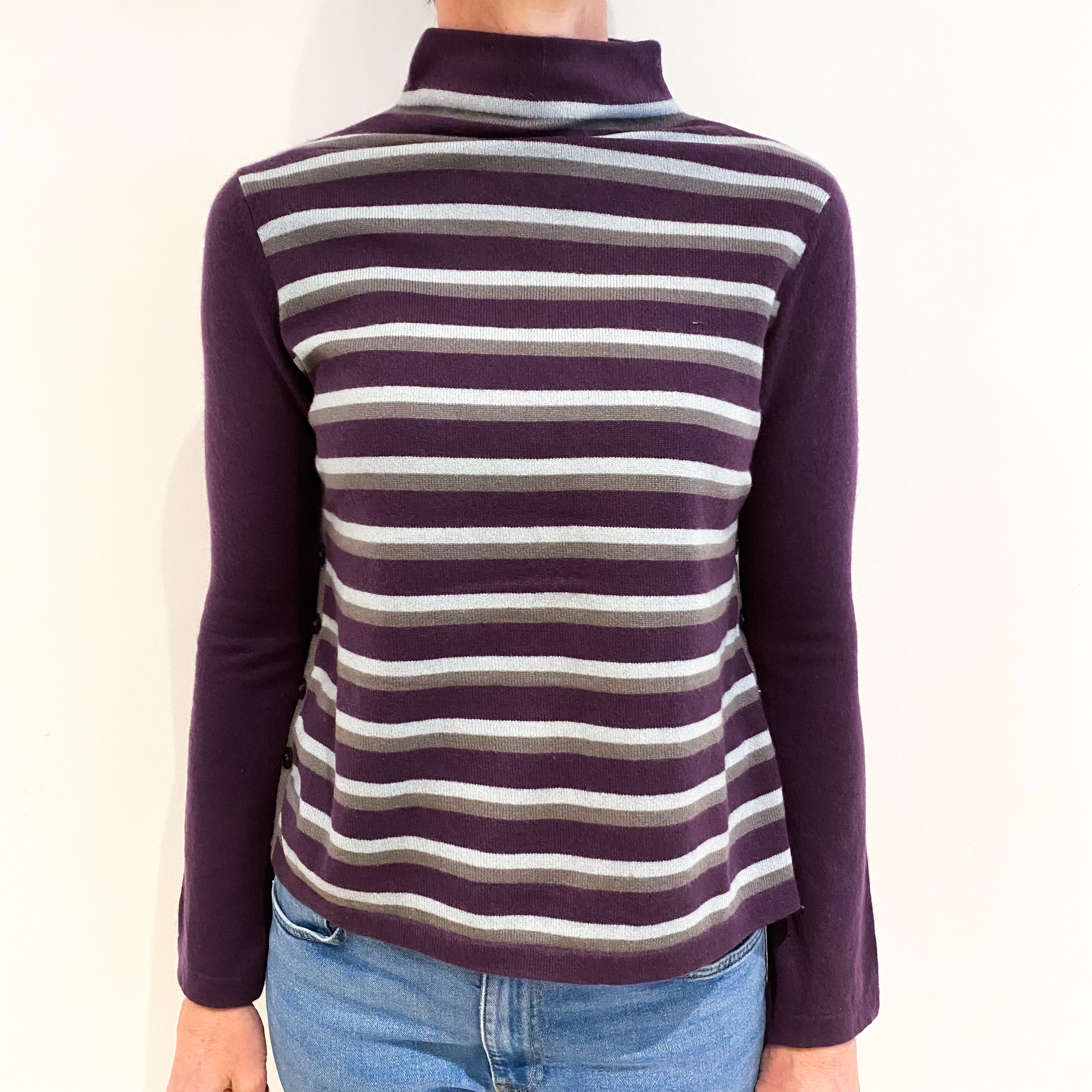 Purple And Mint Stripe Cashmere Turtle Neck Jumper Small