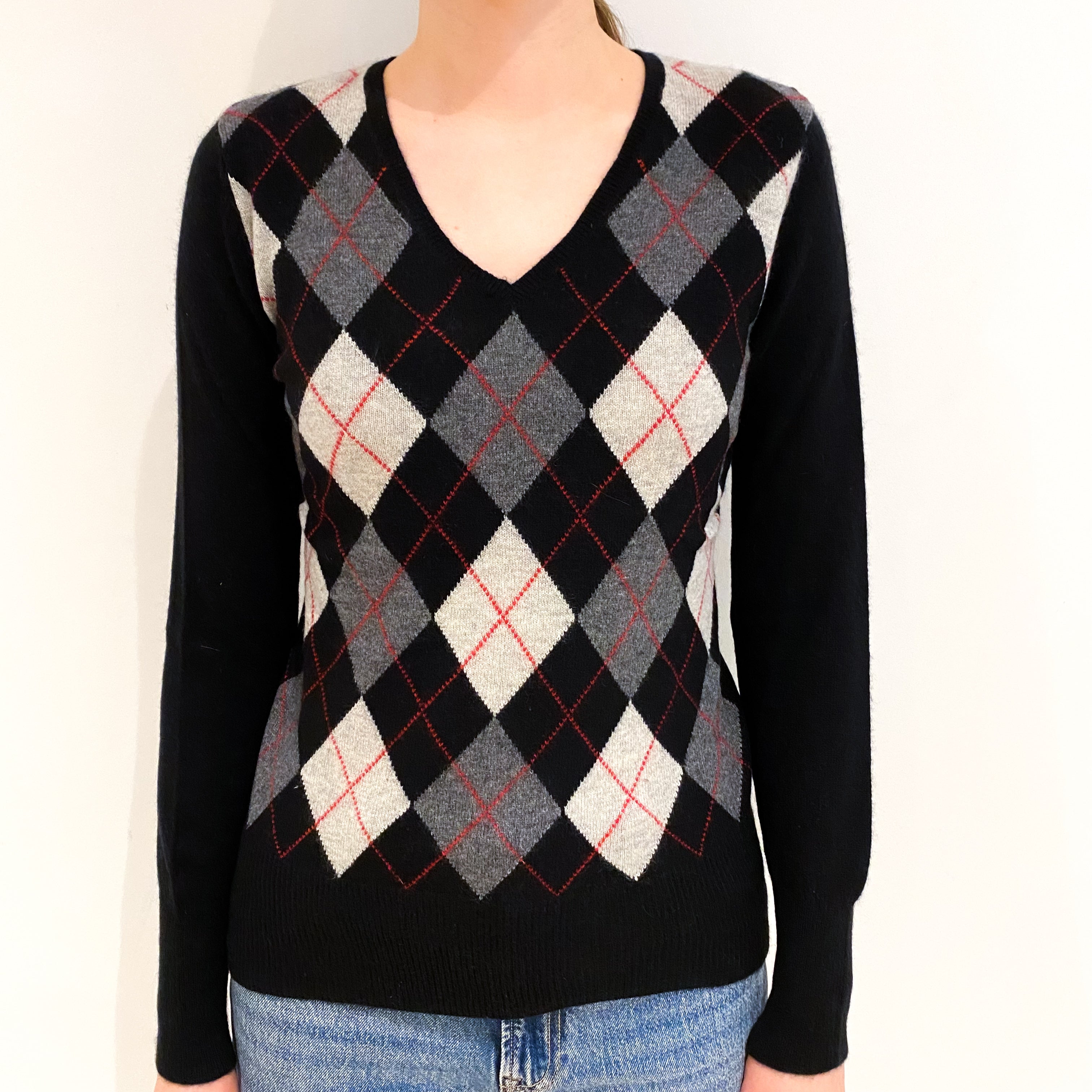 Black Argyle Cashmere V Neck Jumper Extra Small