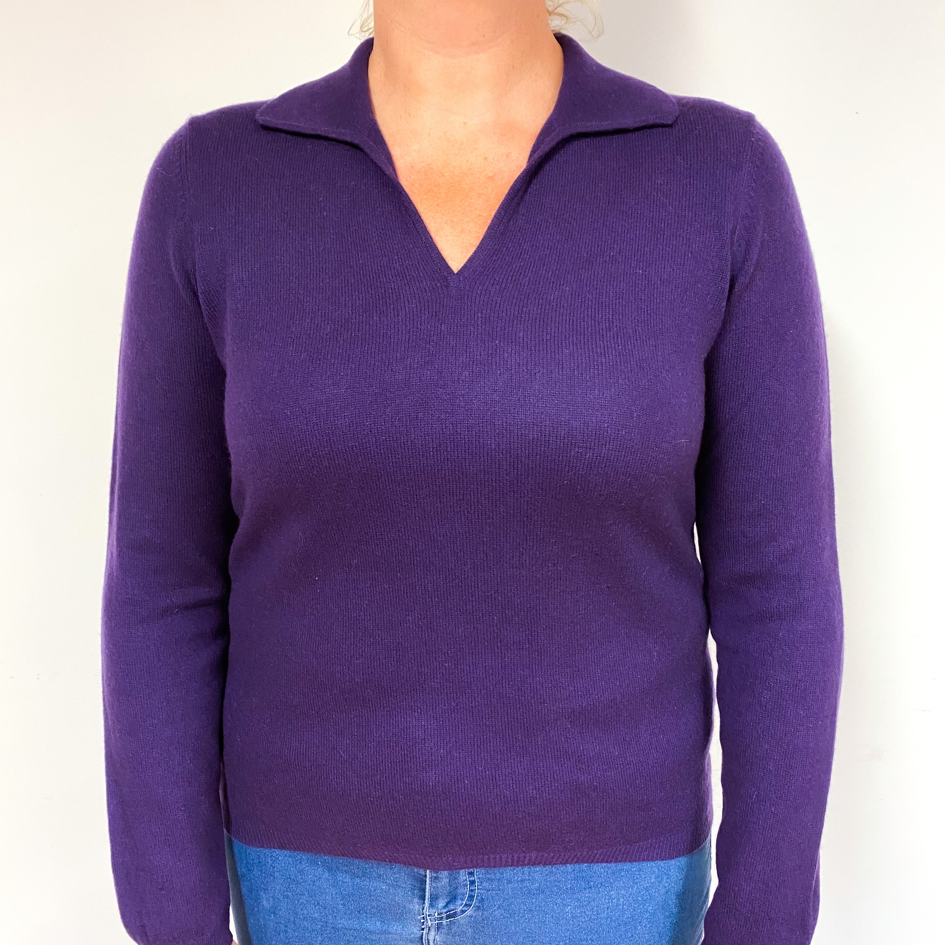 Iris Purple Cashmere Collared V-Neck Jumper Large