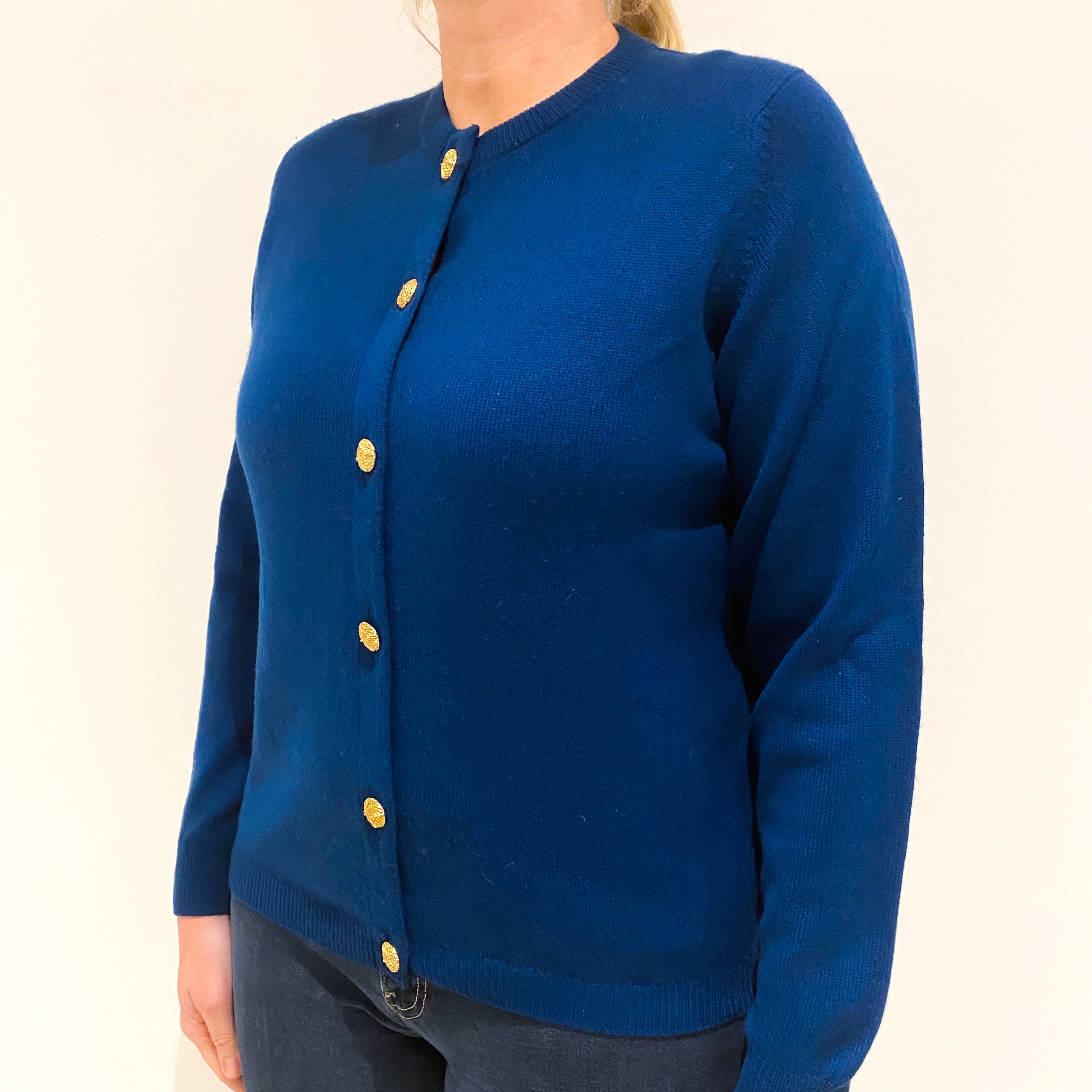 Deep Petrol Blue Vintage Cashmere Crew Neck Cardigan Large