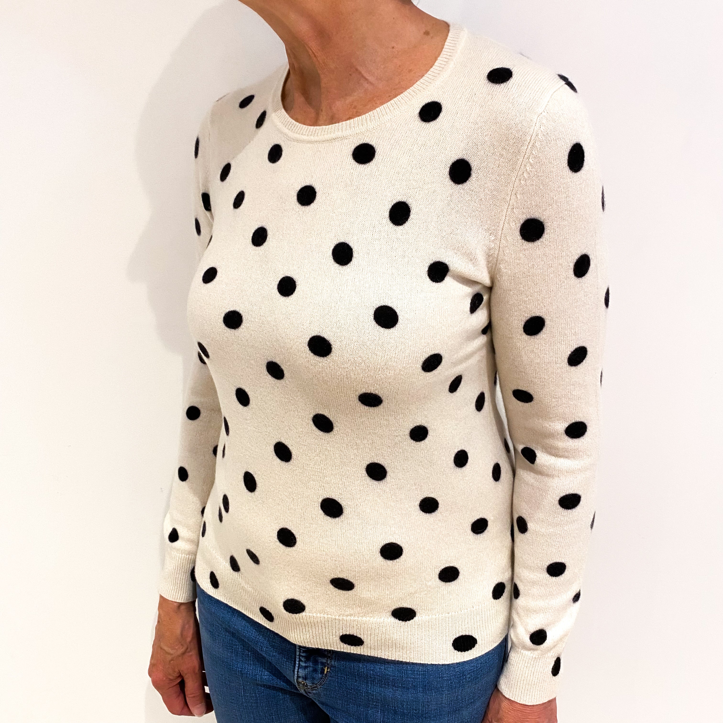 Cream Polka Dot Cashmere Crew Neck Jumper Medium