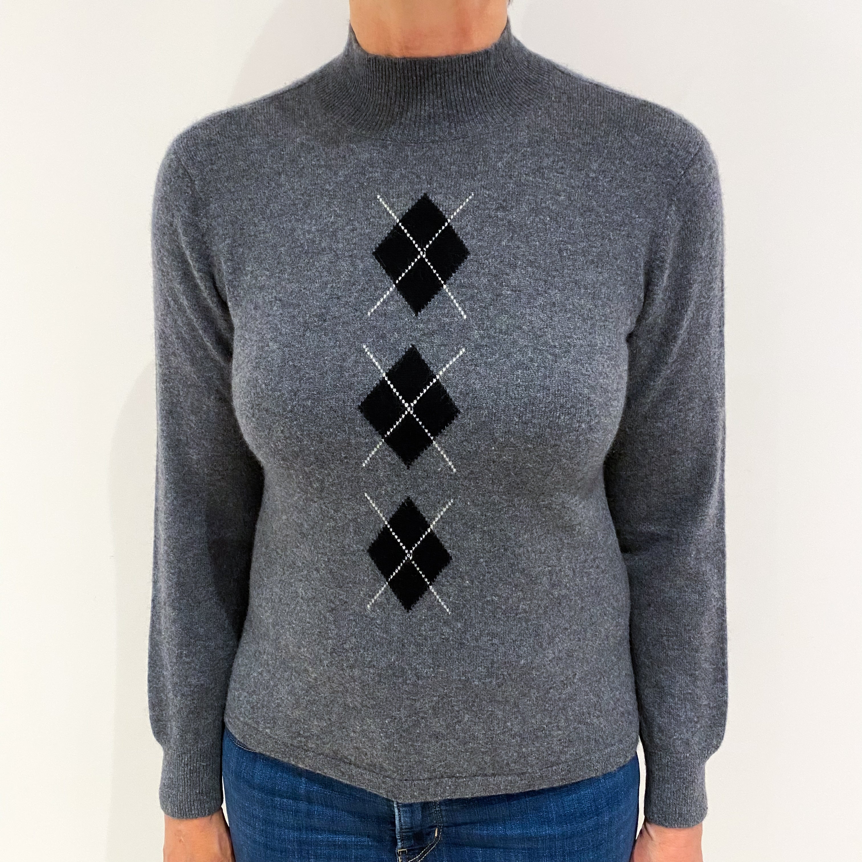 Slate Grey Diamond Pattern Cashmere Turtle Neck Jumper Medium