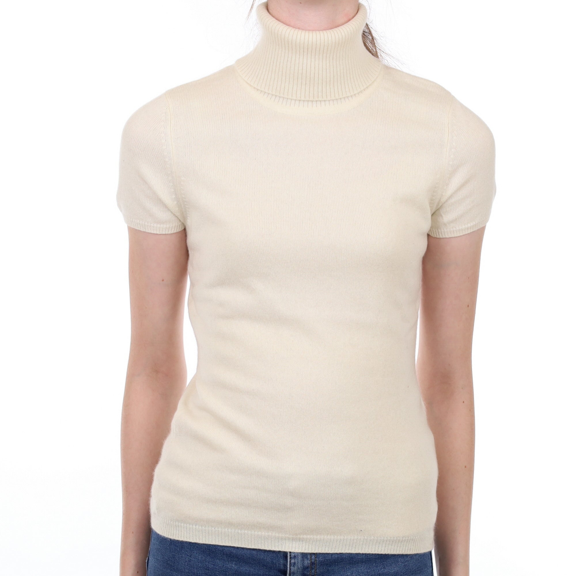 Vanilla Cream Cashmere Polo Neck Short Sleeved Jumper Extra Small