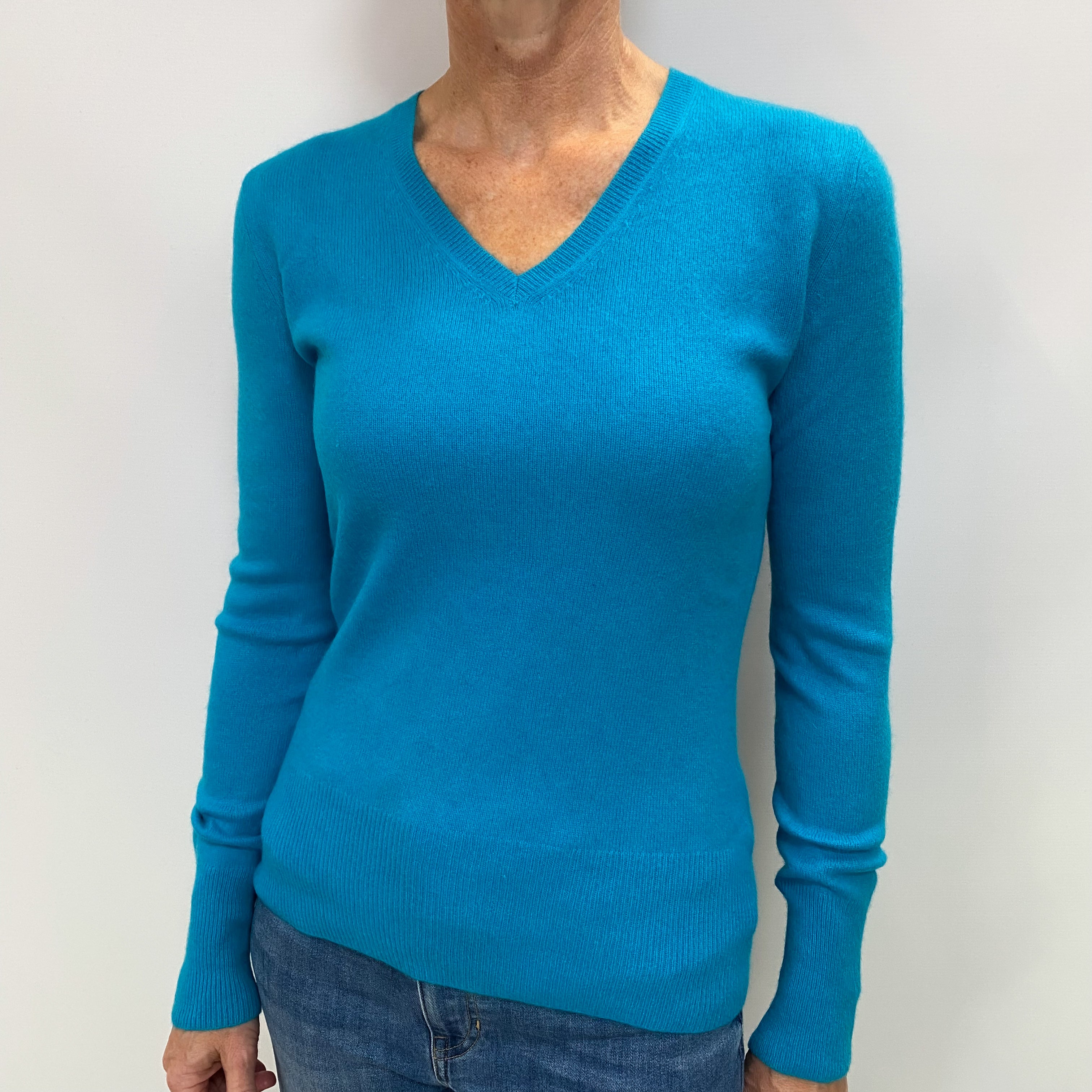 Turquoise Blue Cashmere V Neck Jumper Small