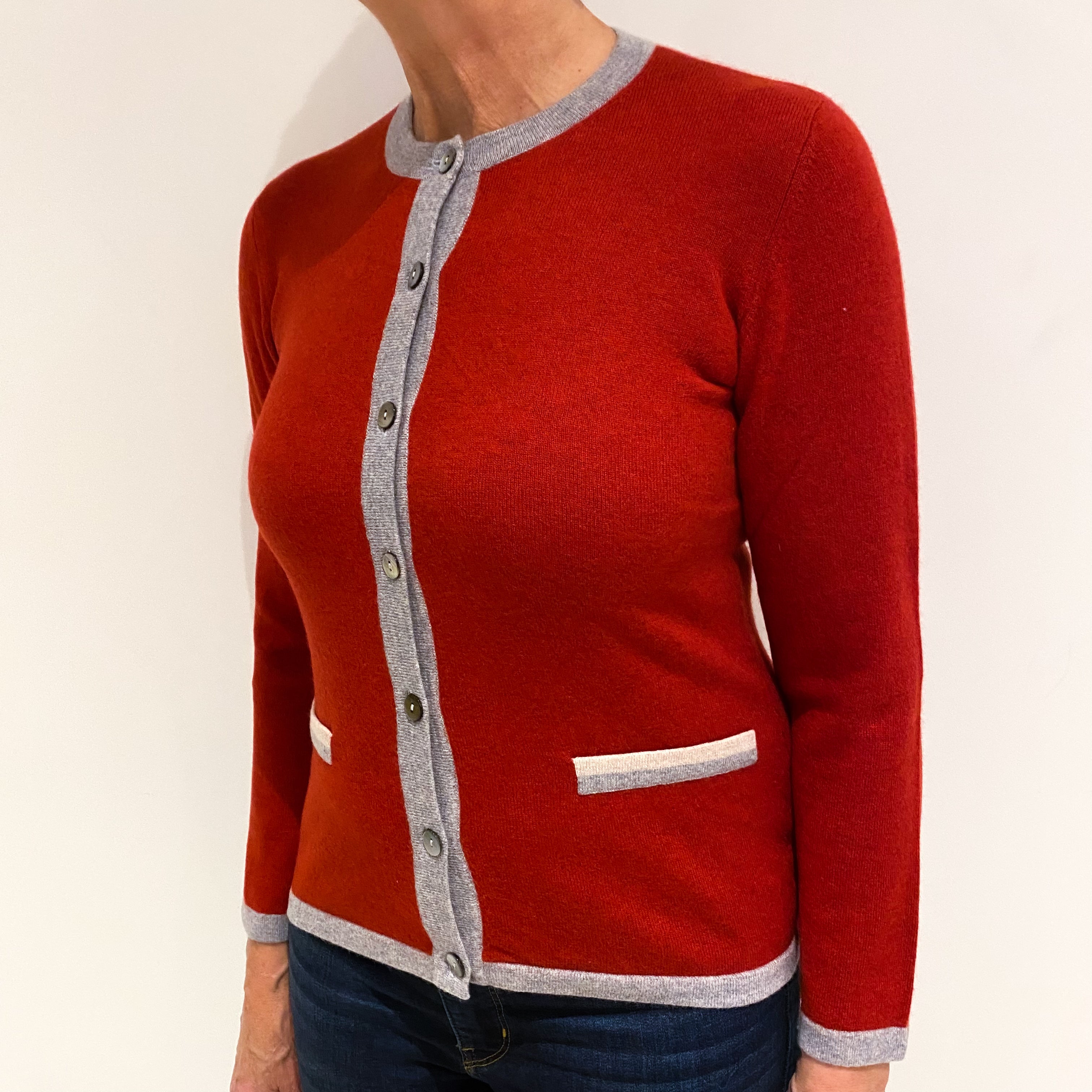 Paprika Red and Grey Trim Cashmere Crew Neck Cardigan Medium