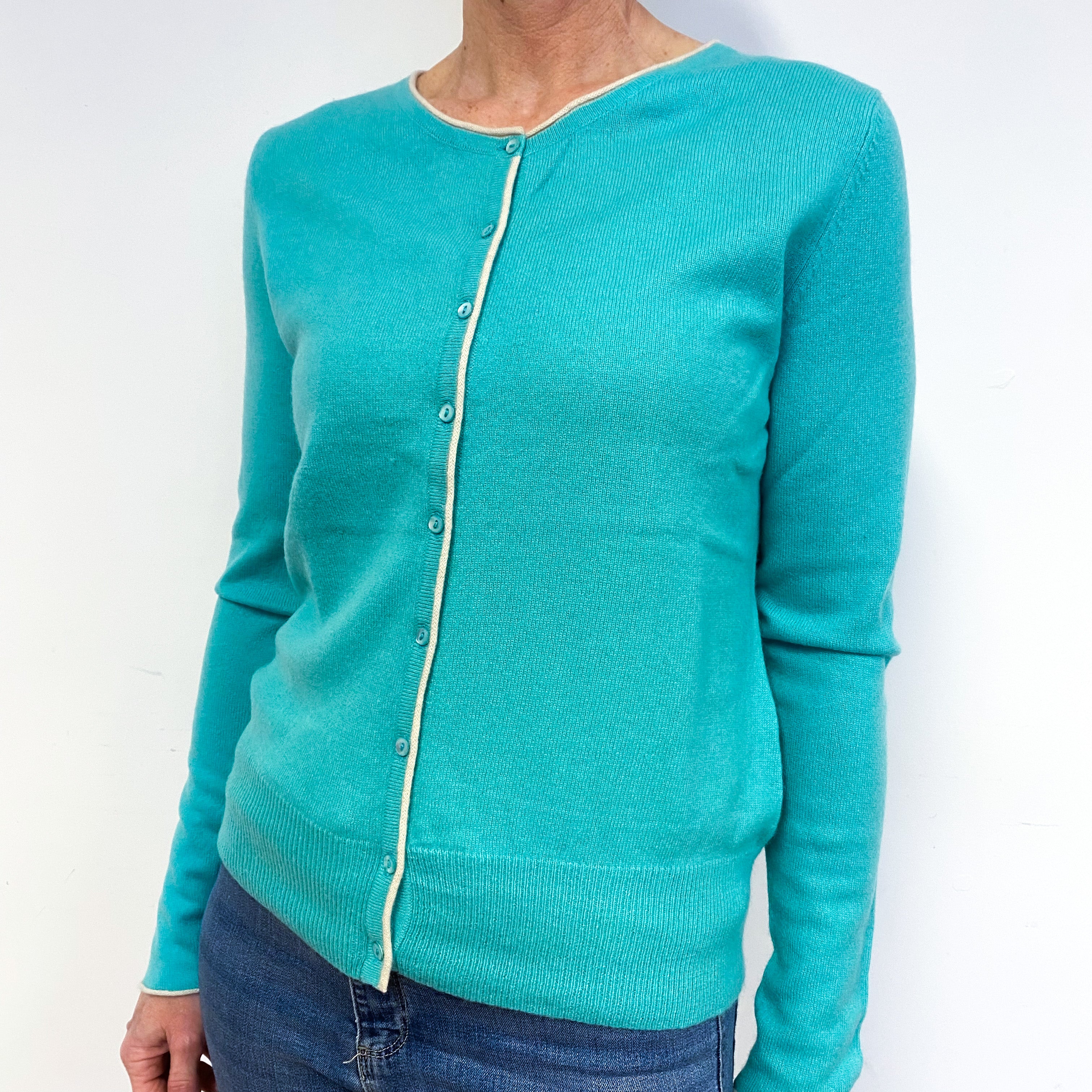 Turquoise Green Cashmere Crew Neck Cardigan Medium