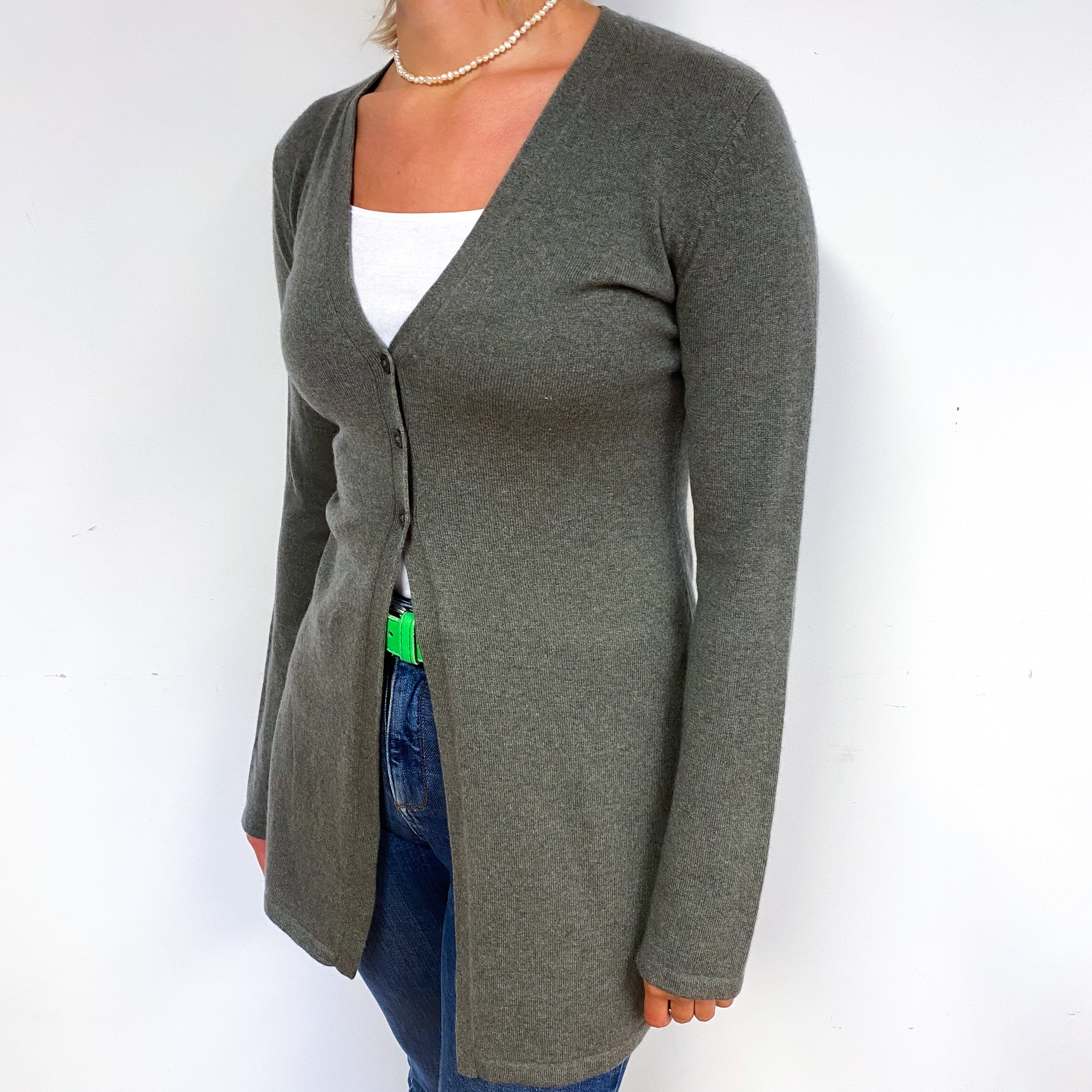 Khaki Grey Cashmere V-Neck Cardigan Small