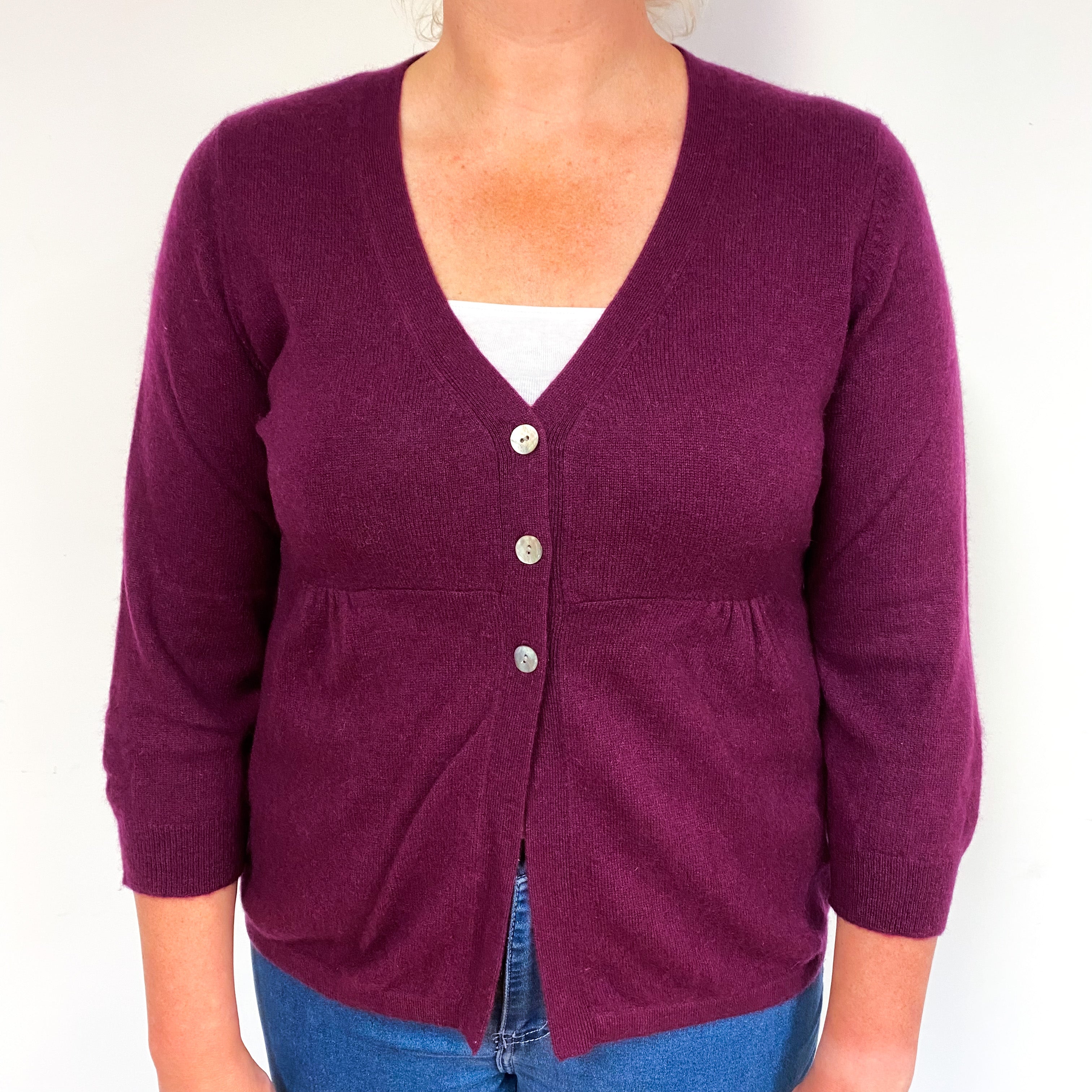 Mulberry Purple 3/4 Sleeve Cashmere Empire Waist Cardigan Large