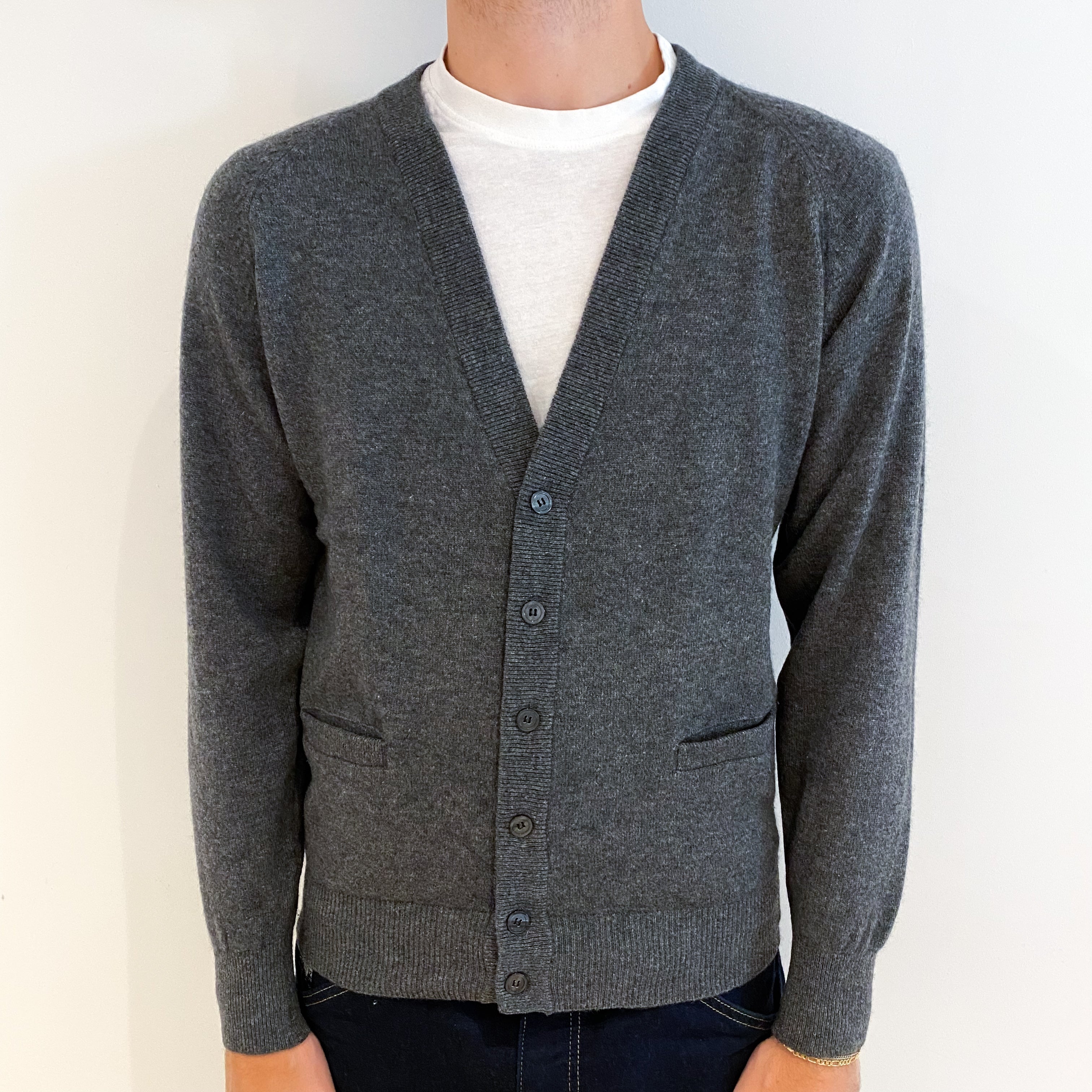 Men's Slate Grey Cashmere V-Neck Cardigan Medium