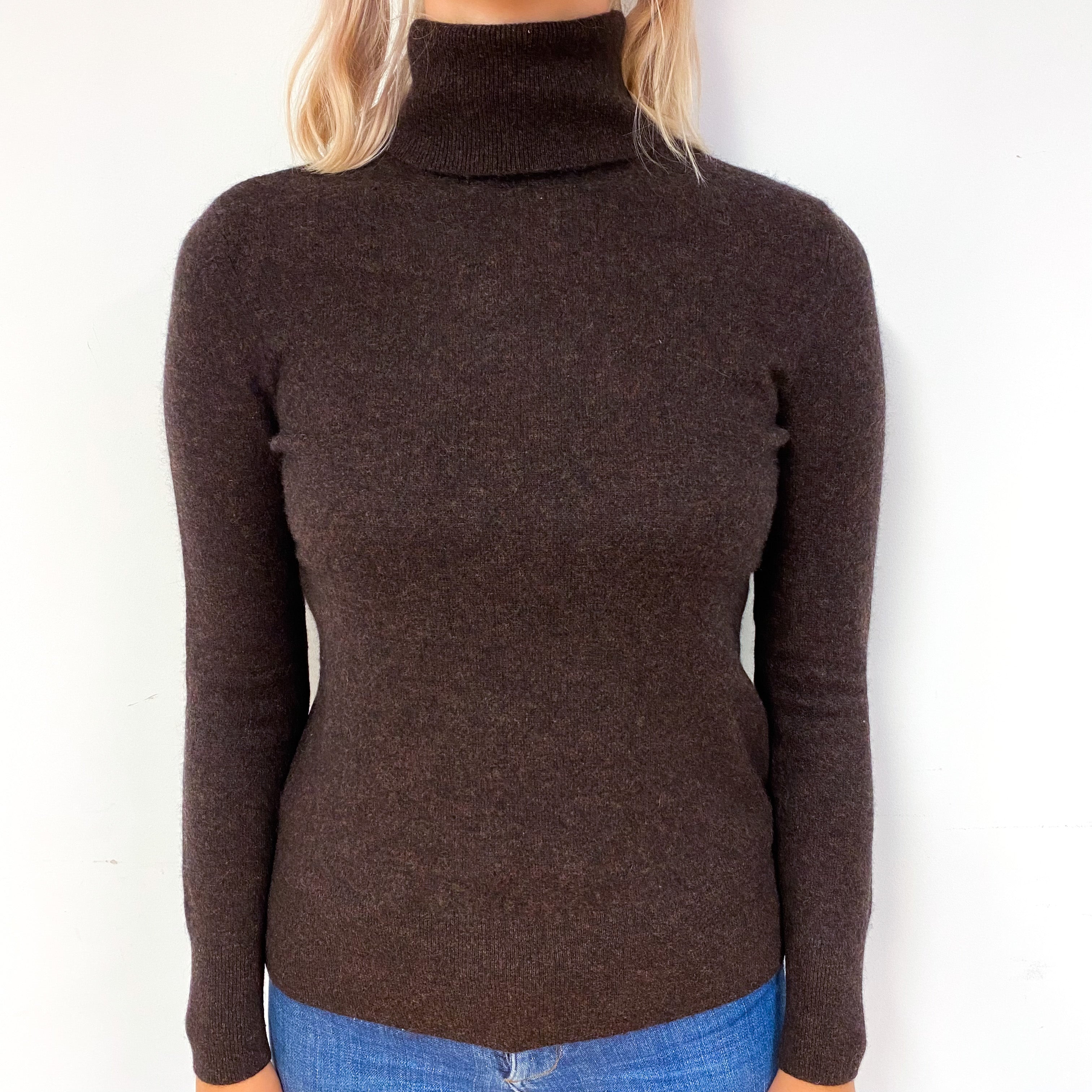 Umber Brown Cashmere Polo Neck Jumper Small