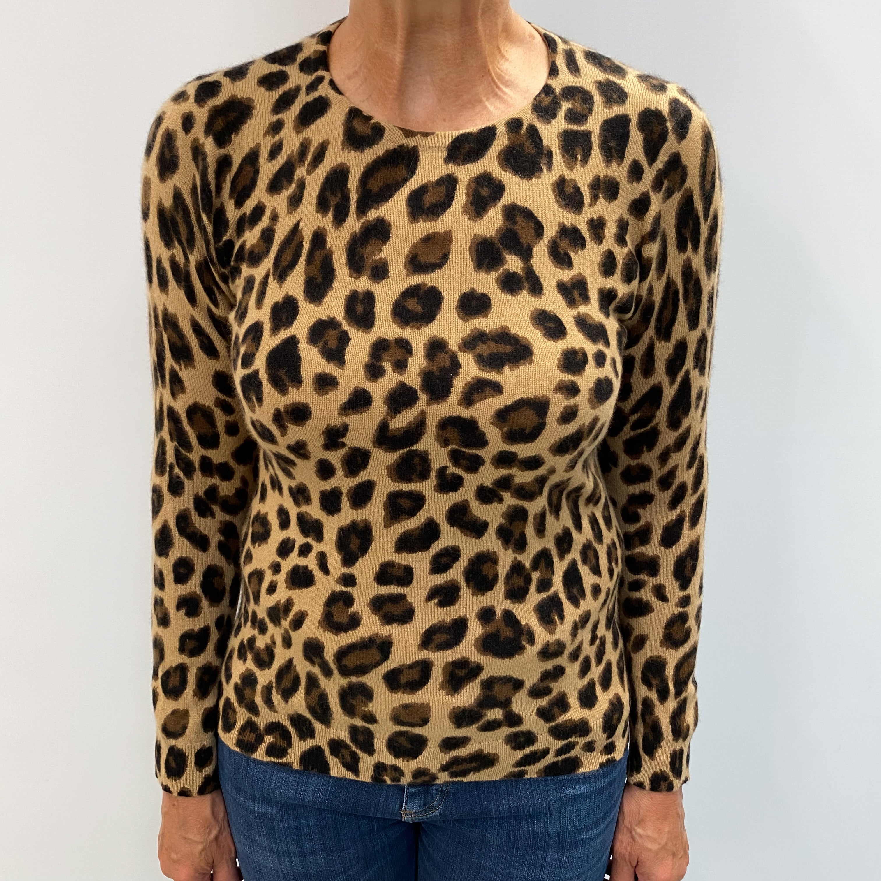 Brown Animal Print Cashmere Crew Neck Jumper Medium