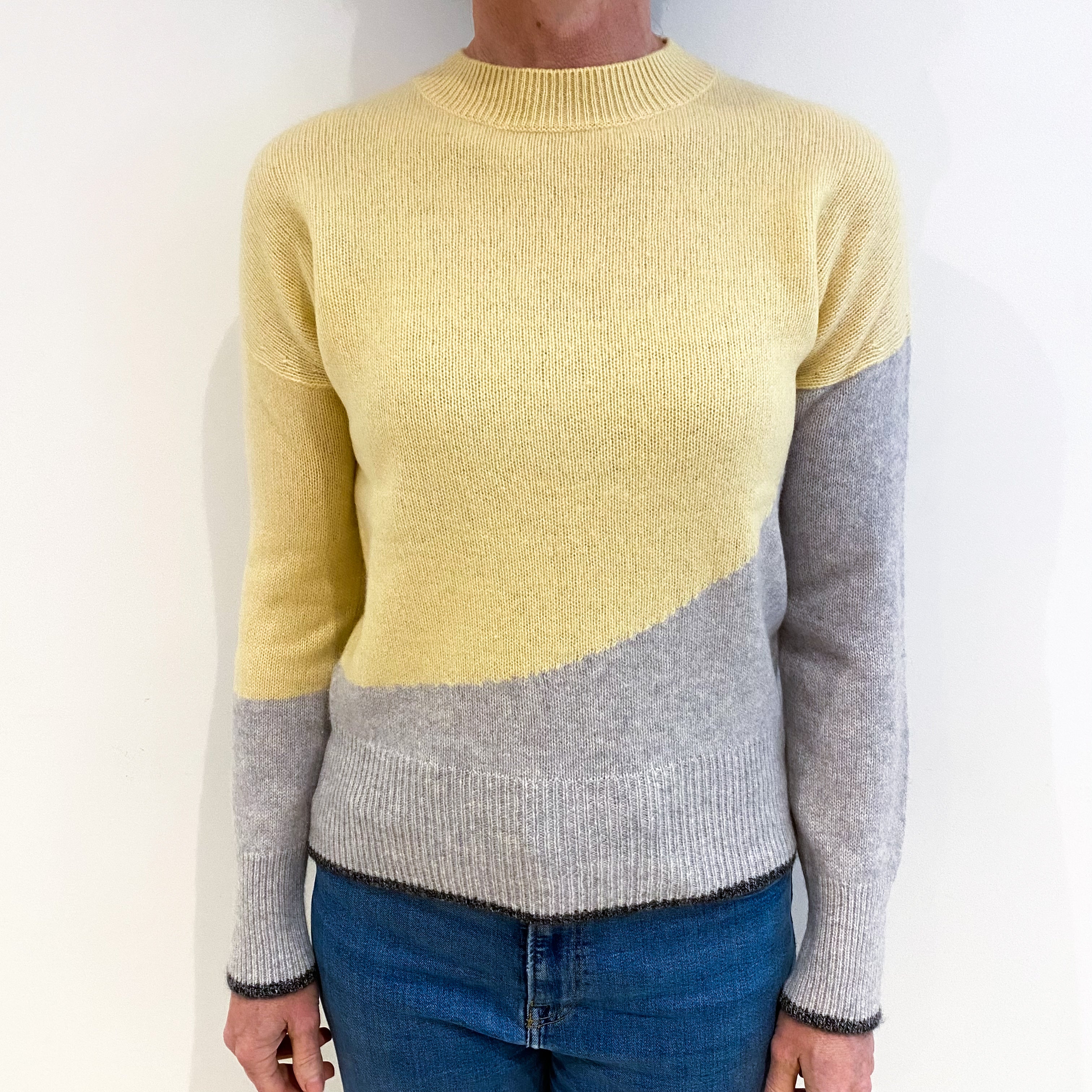 Jigsaw Custard Yellow And Grey Cashmere Crew Neck Jumper Small