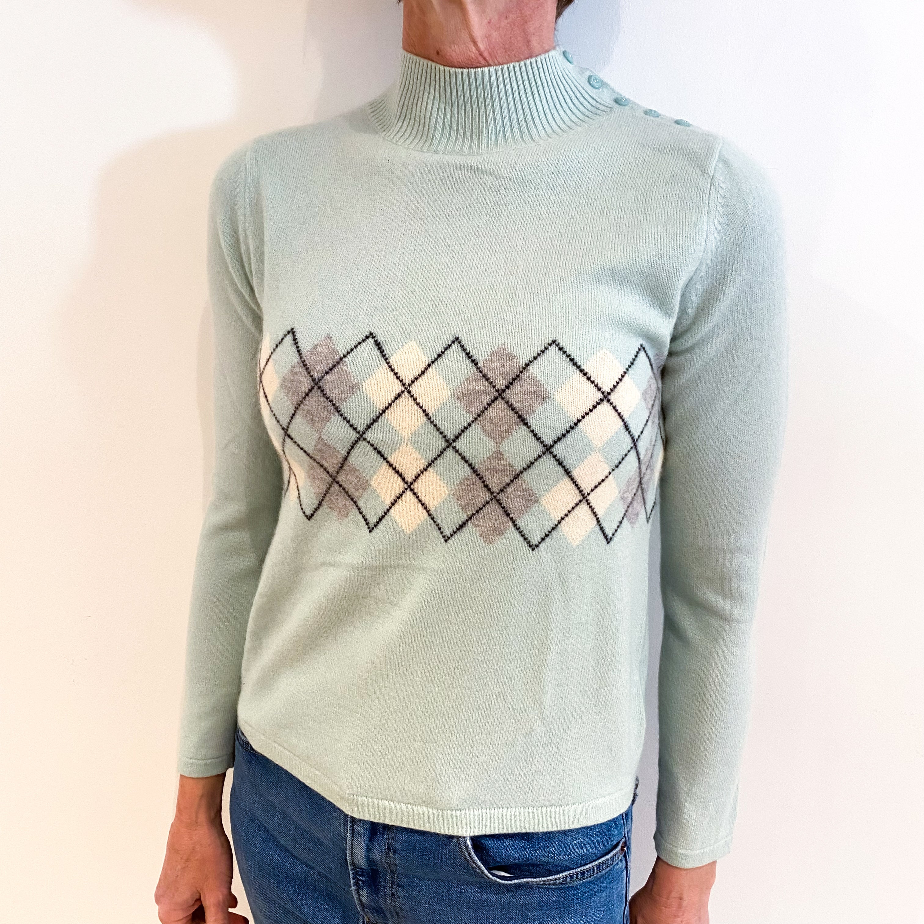 Mint Green Diamond Cashmere Turtle Neck Jumper Small