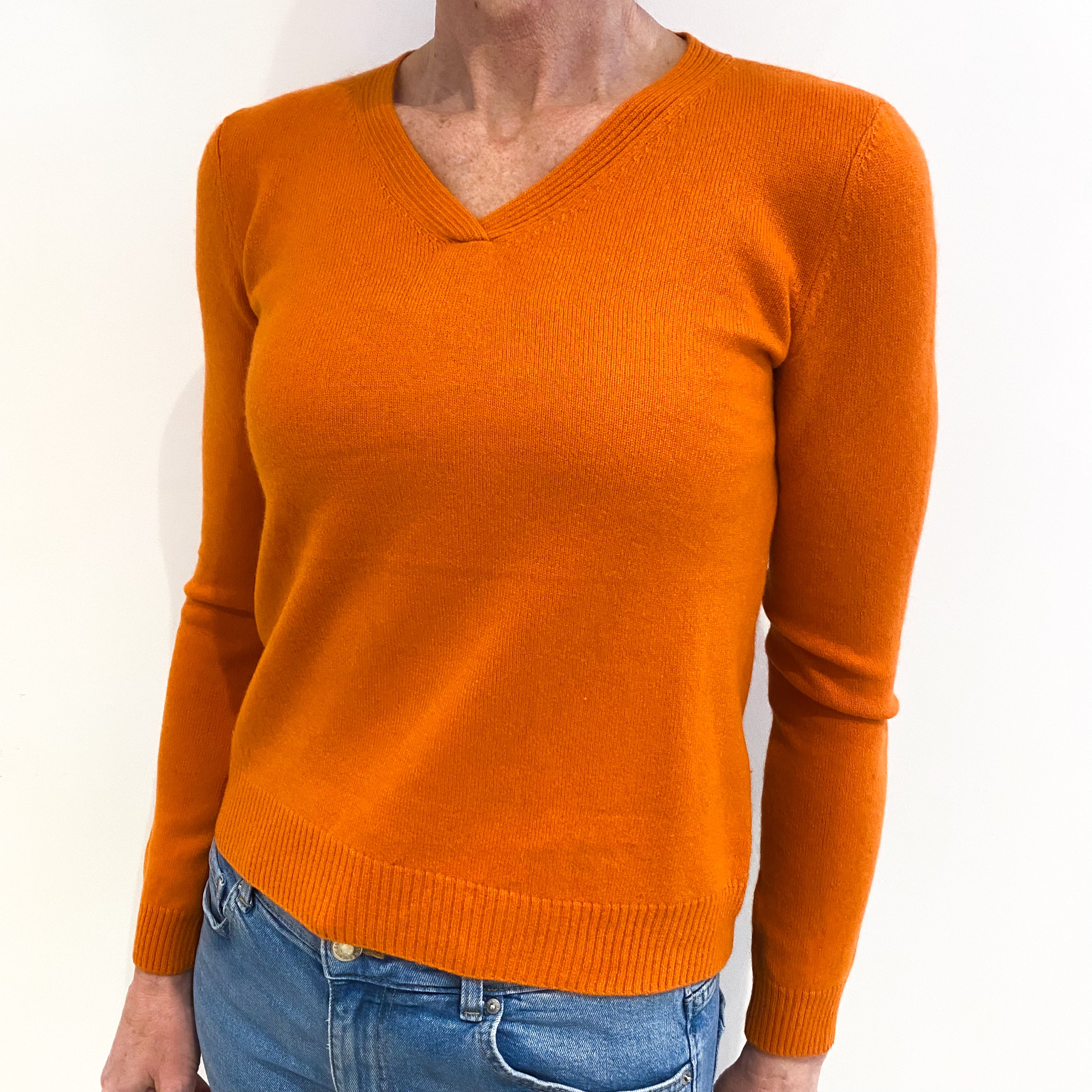 Tiger Orange Cashmere V Neck Jumper Small