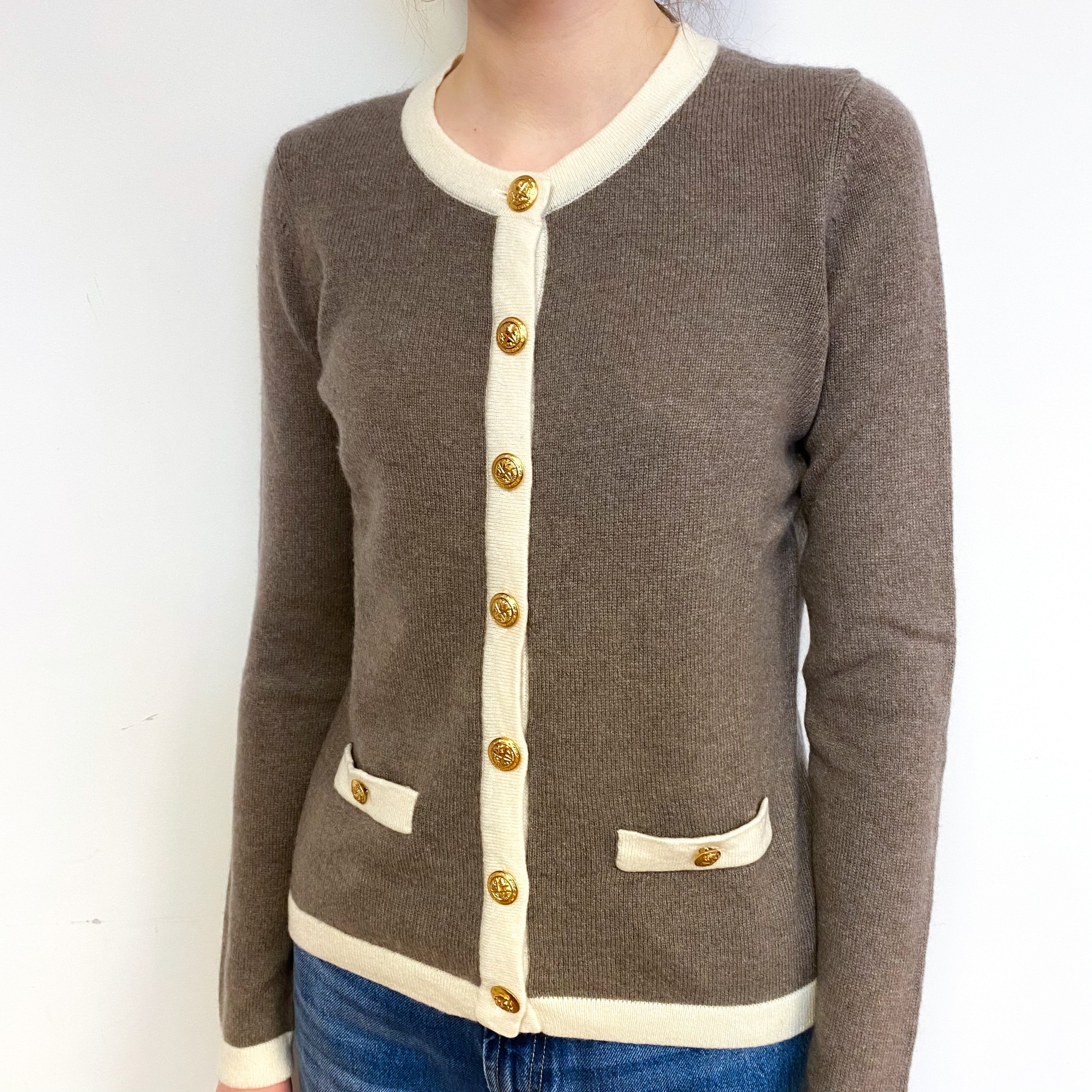 Mocha Brown Cream Trim Cashmere Crew Neck Cardigan Extra Small