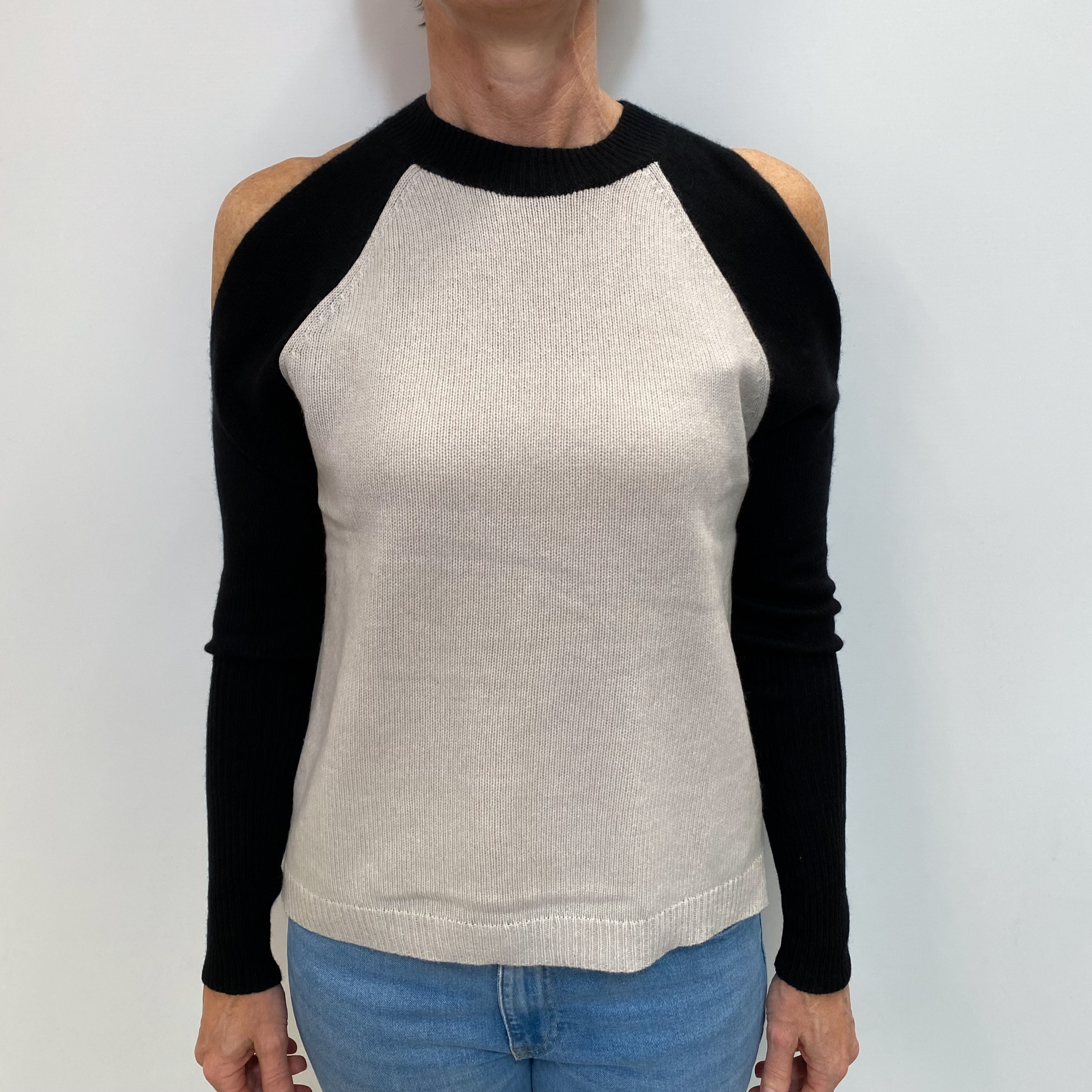 Frost Grey Colour Block Cashmere Cold Shoulder Crew Neck Jumper Small