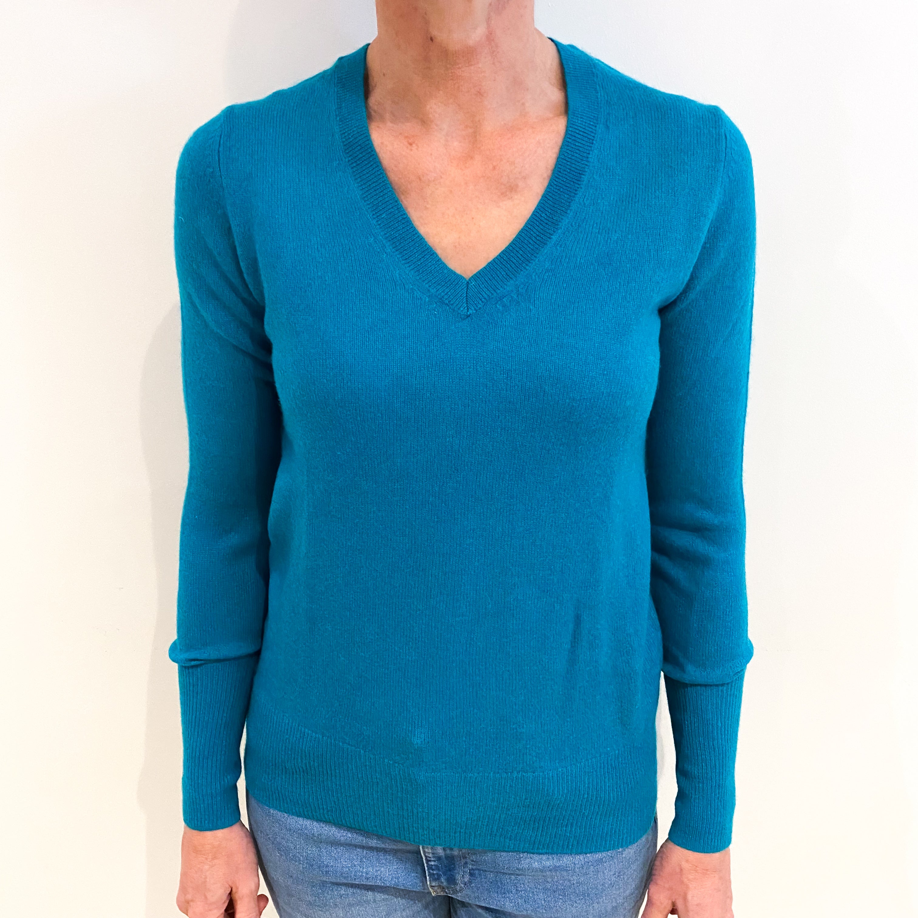 Turquoise Green Cashmere V Neck Jumper Small