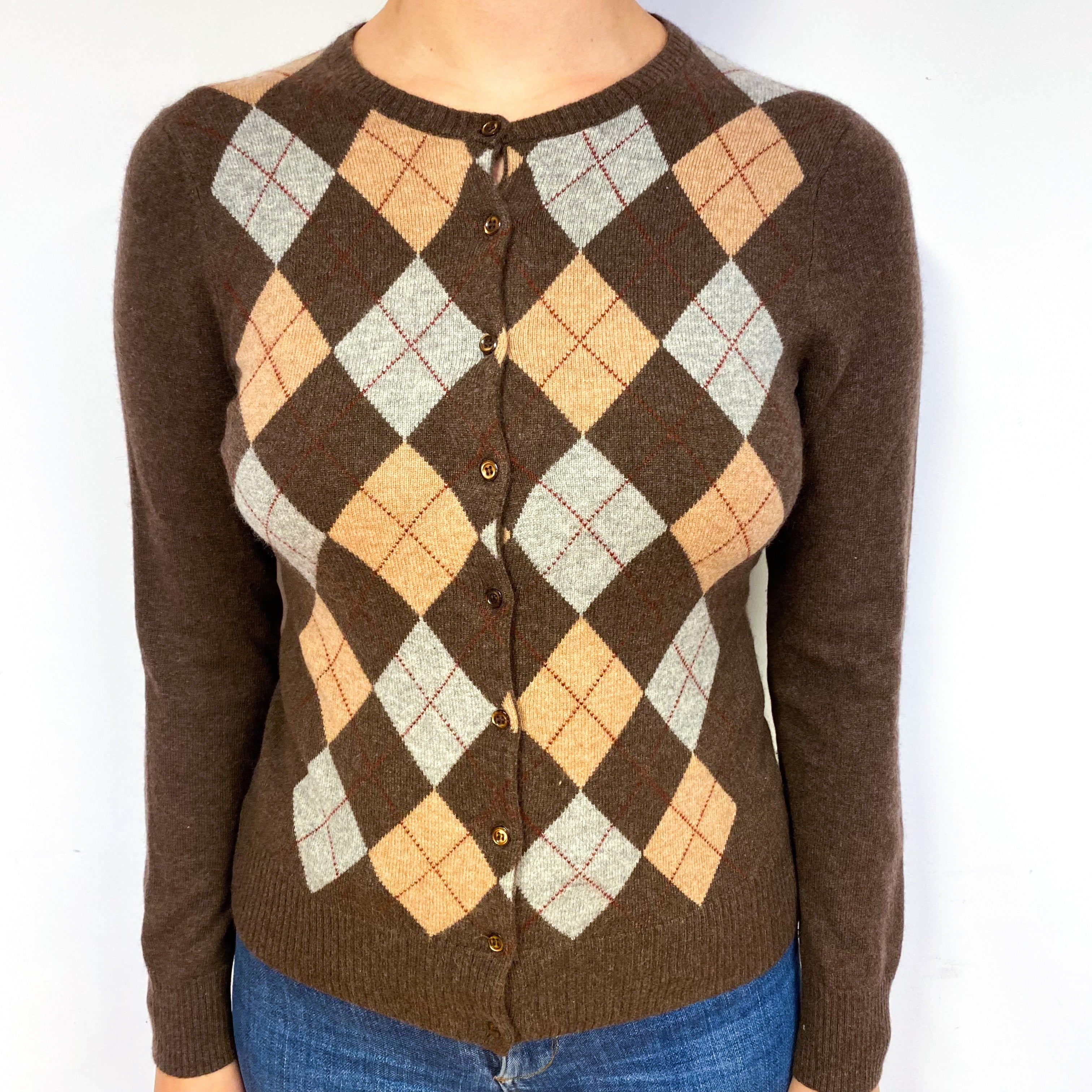 Brown Grey Argyle Cashmere Crew Neck Cardigan Small