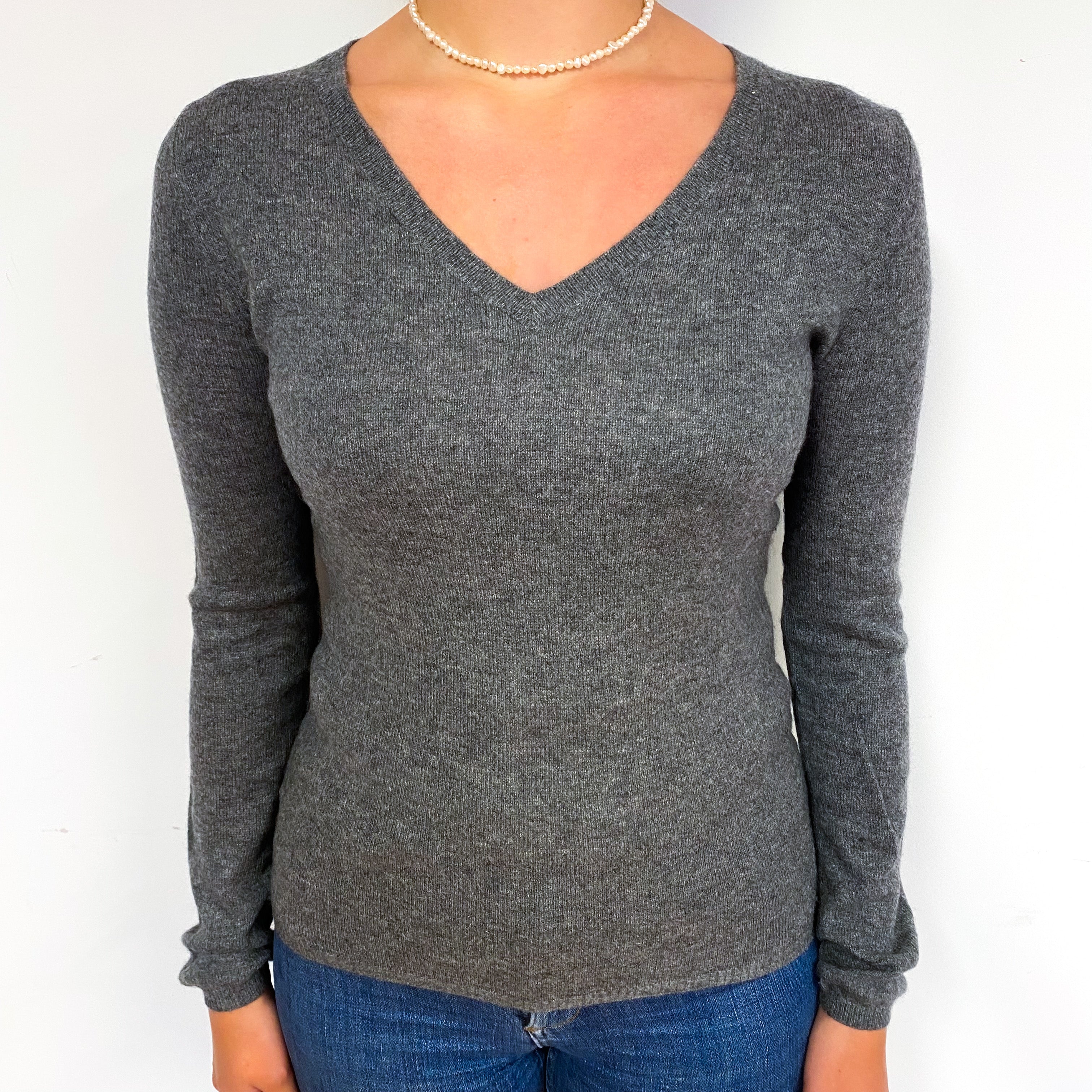 Slate Grey Lightweight Cashmere V-Neck Jumper Small