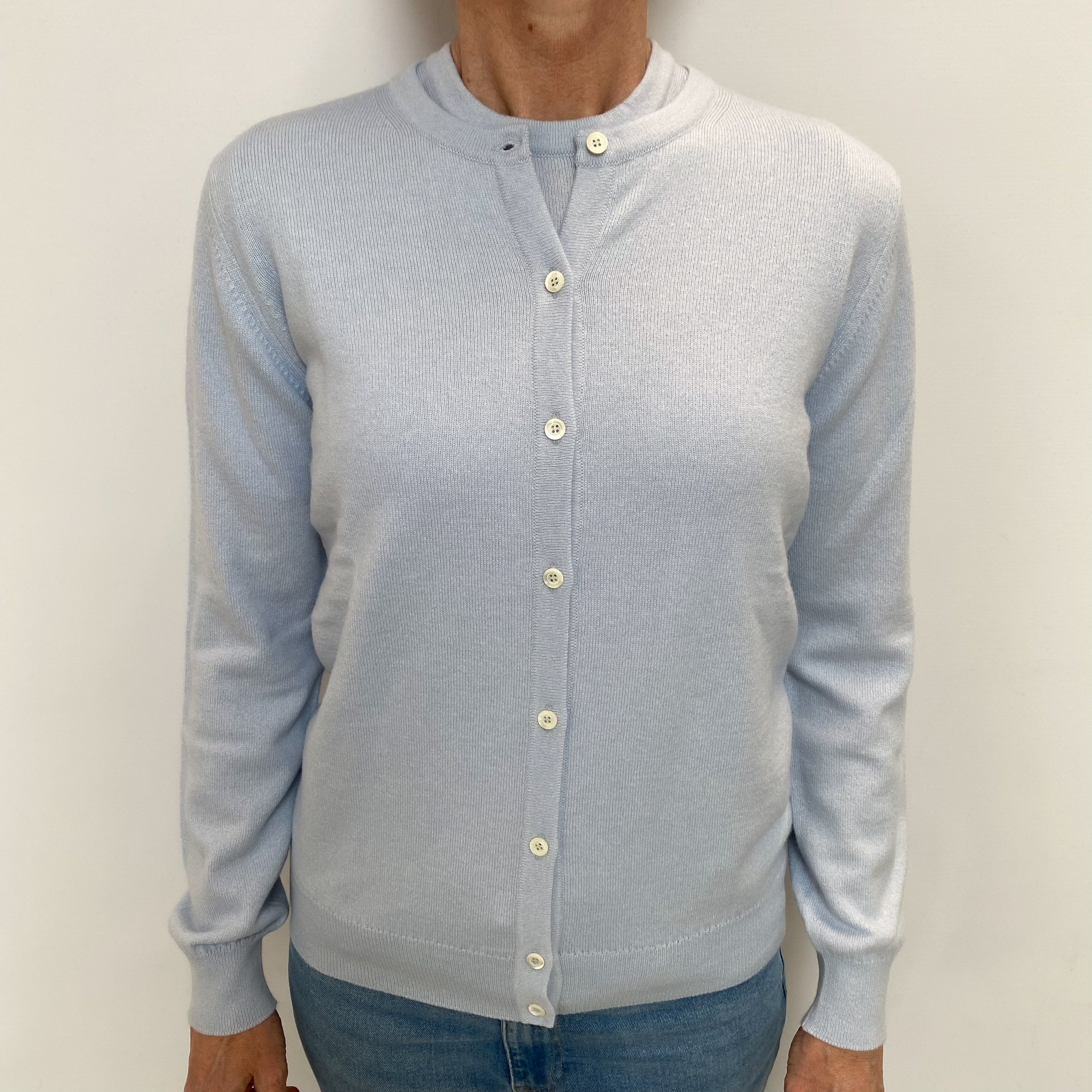 Brand New Scottish Powder Blue Cashmere Crew Neck Cardigan Twinset Small