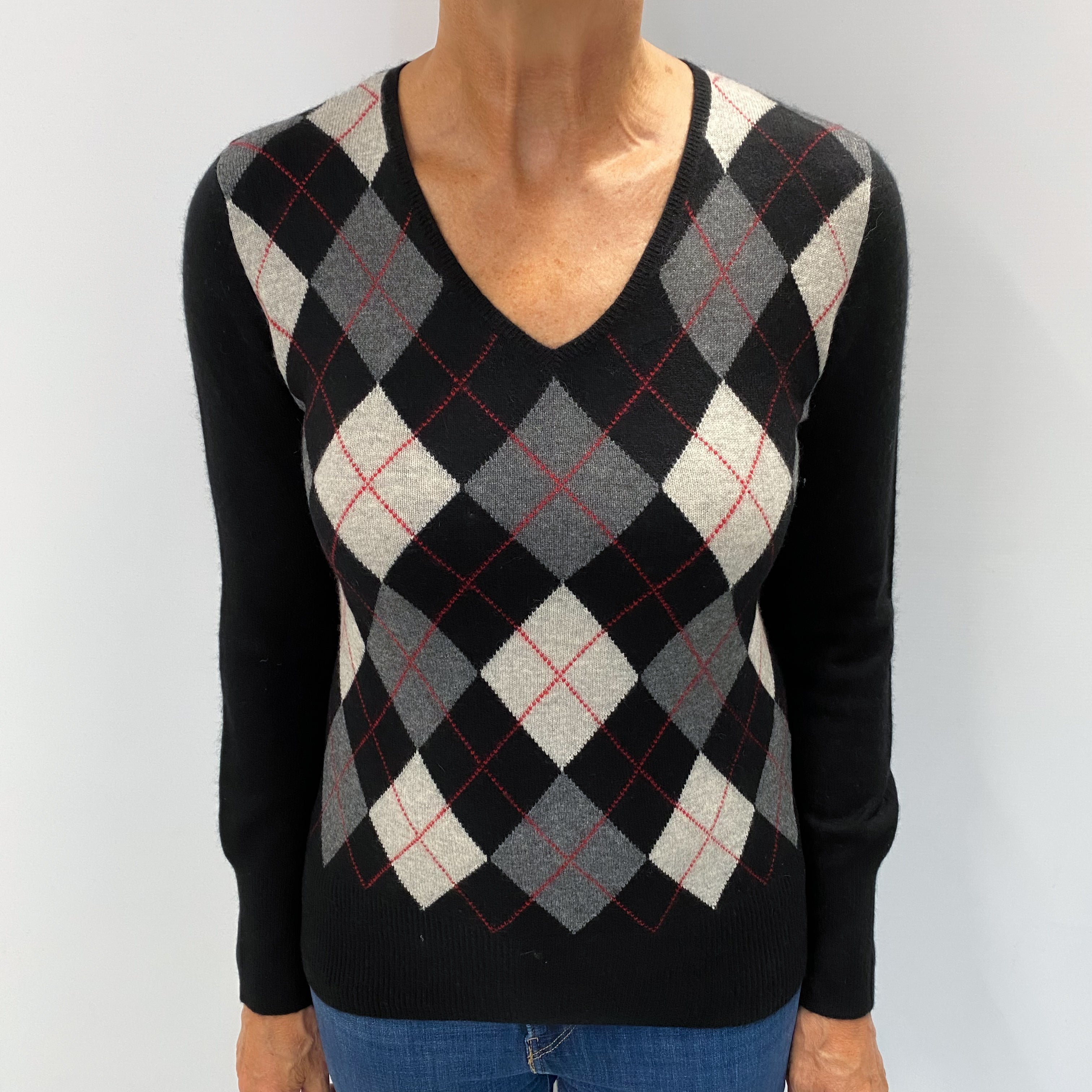 Black Grey Argyle Cashmere V Neck Jumper Medium