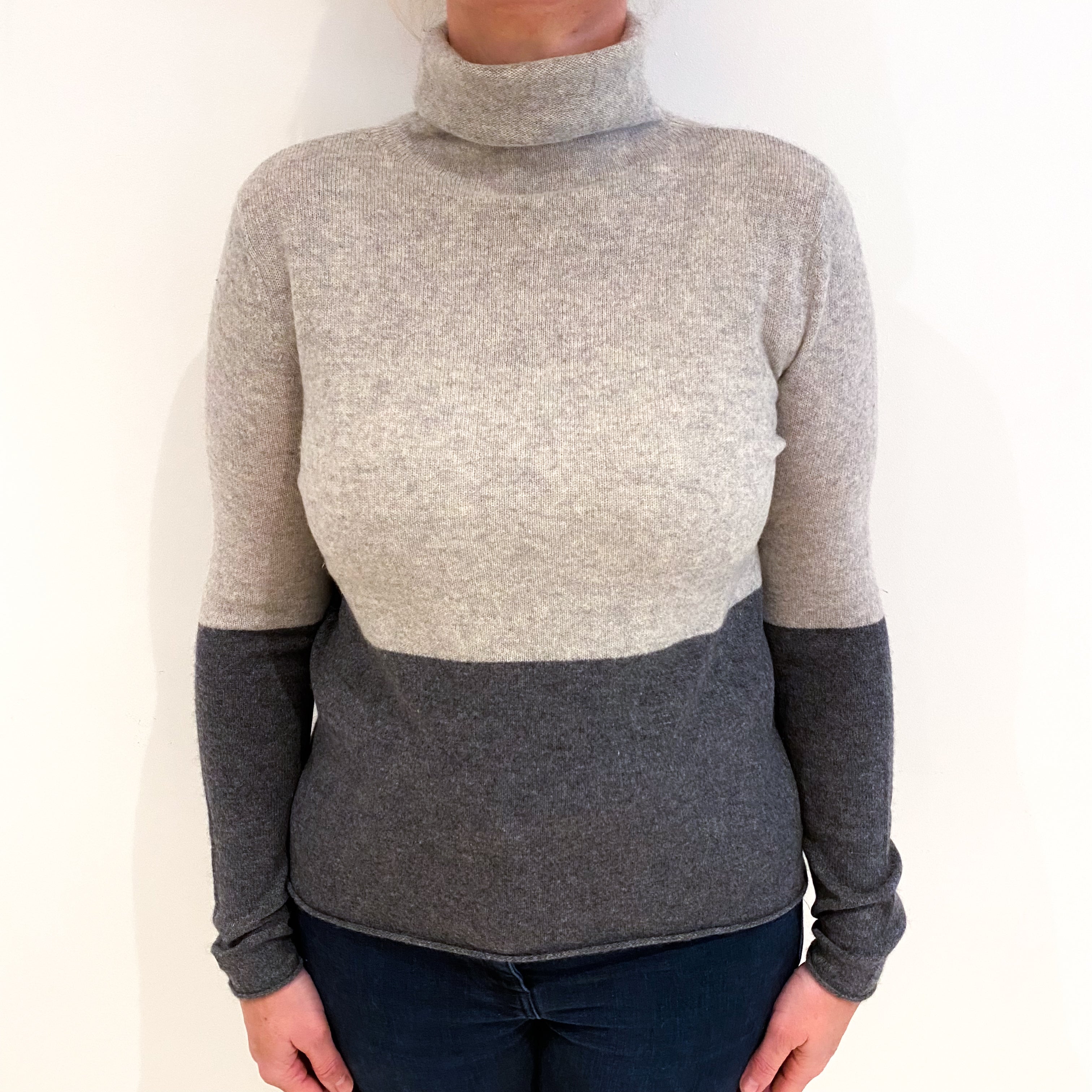 Paul Costello Grey Colour Block Cashmere Polo Neck Jumper Large