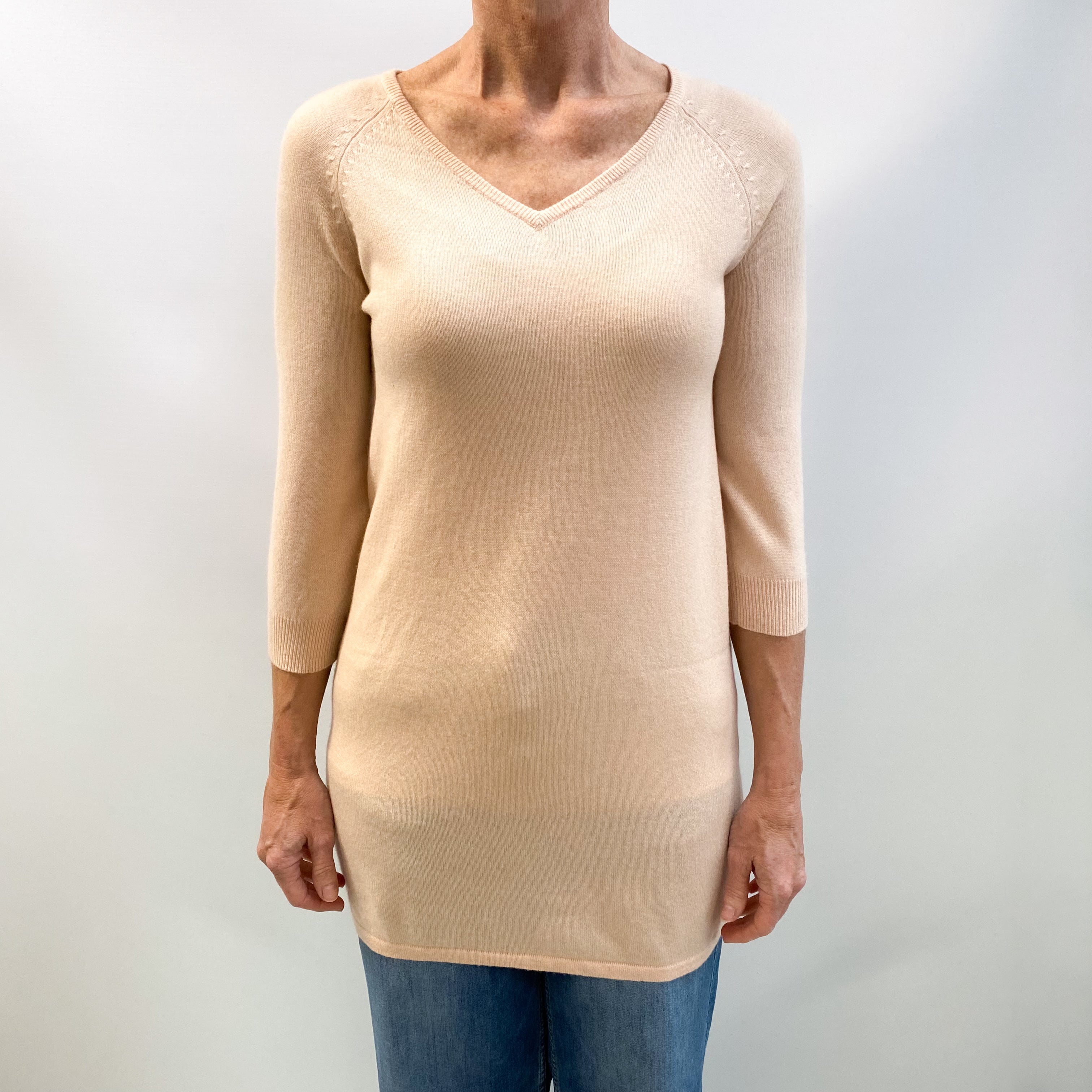 Nude Pink Cashmere V Neck Longline Jumper Small