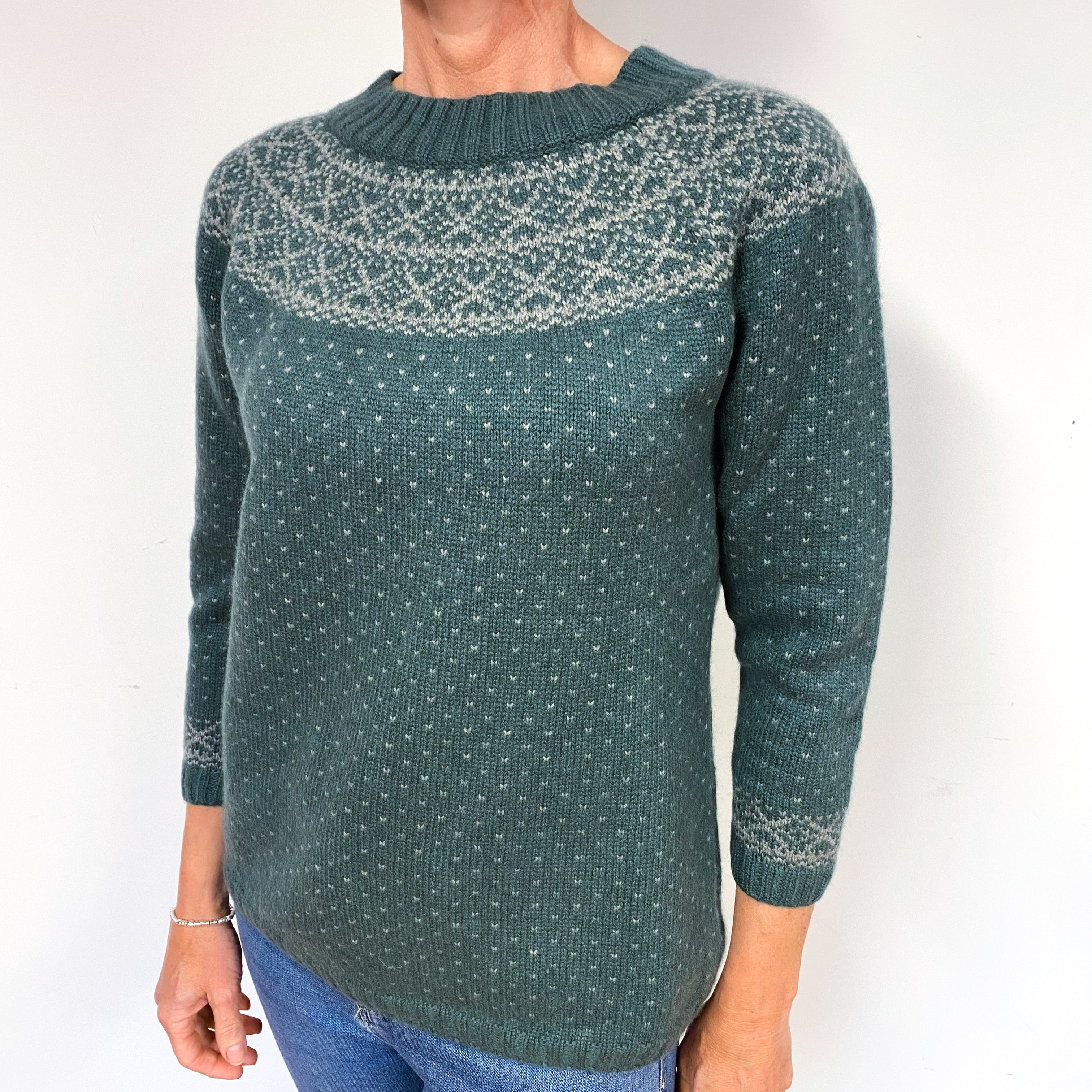 Spruce Green Chunky Fair Isle Cashmere Crew Neck Jumper Medium