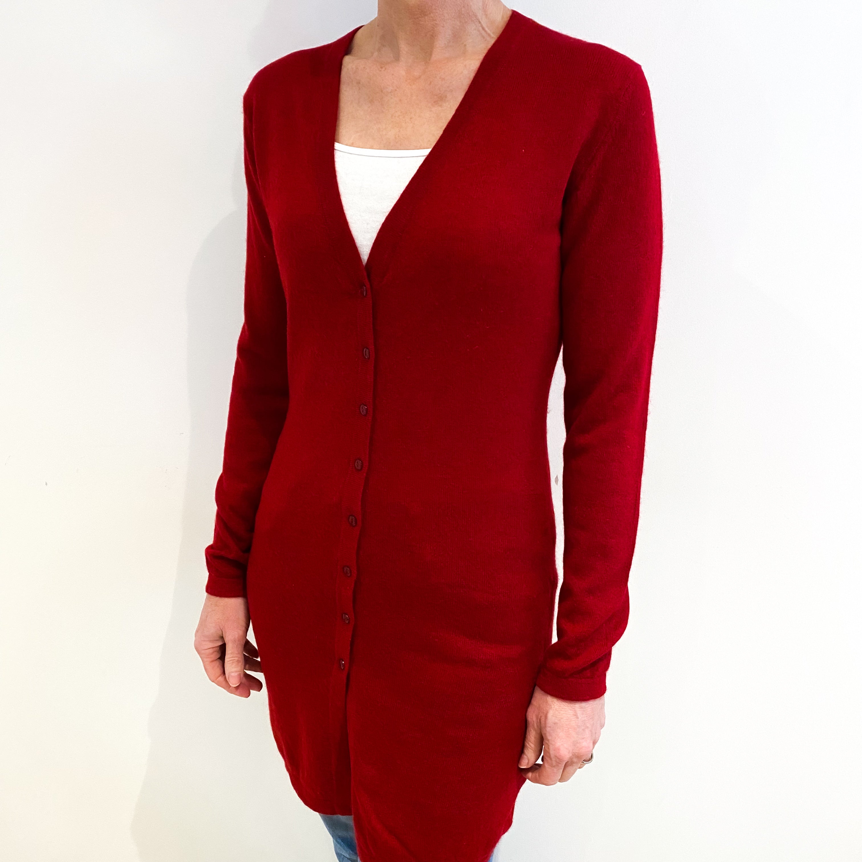 Crimson Red Cashmere V Neck Longline Cardigan Small