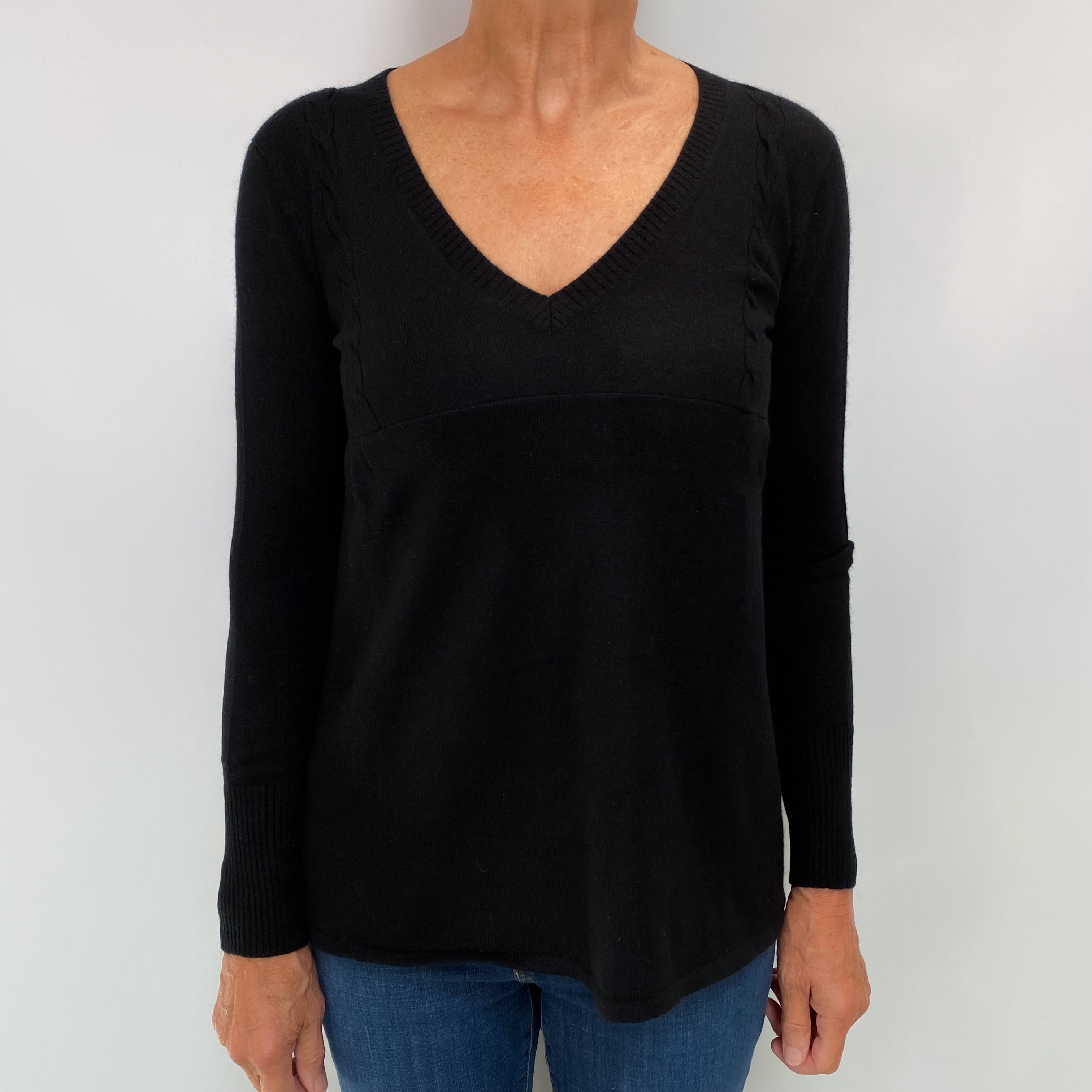 Black Cashmere V Neck Longline Jumper Medium